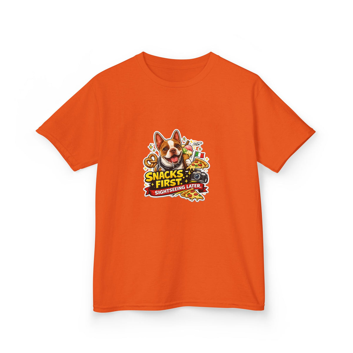 Kids T‑Shirt — "Snacks First" Funny Olli the Boston Terrier Graphic Tee for Children