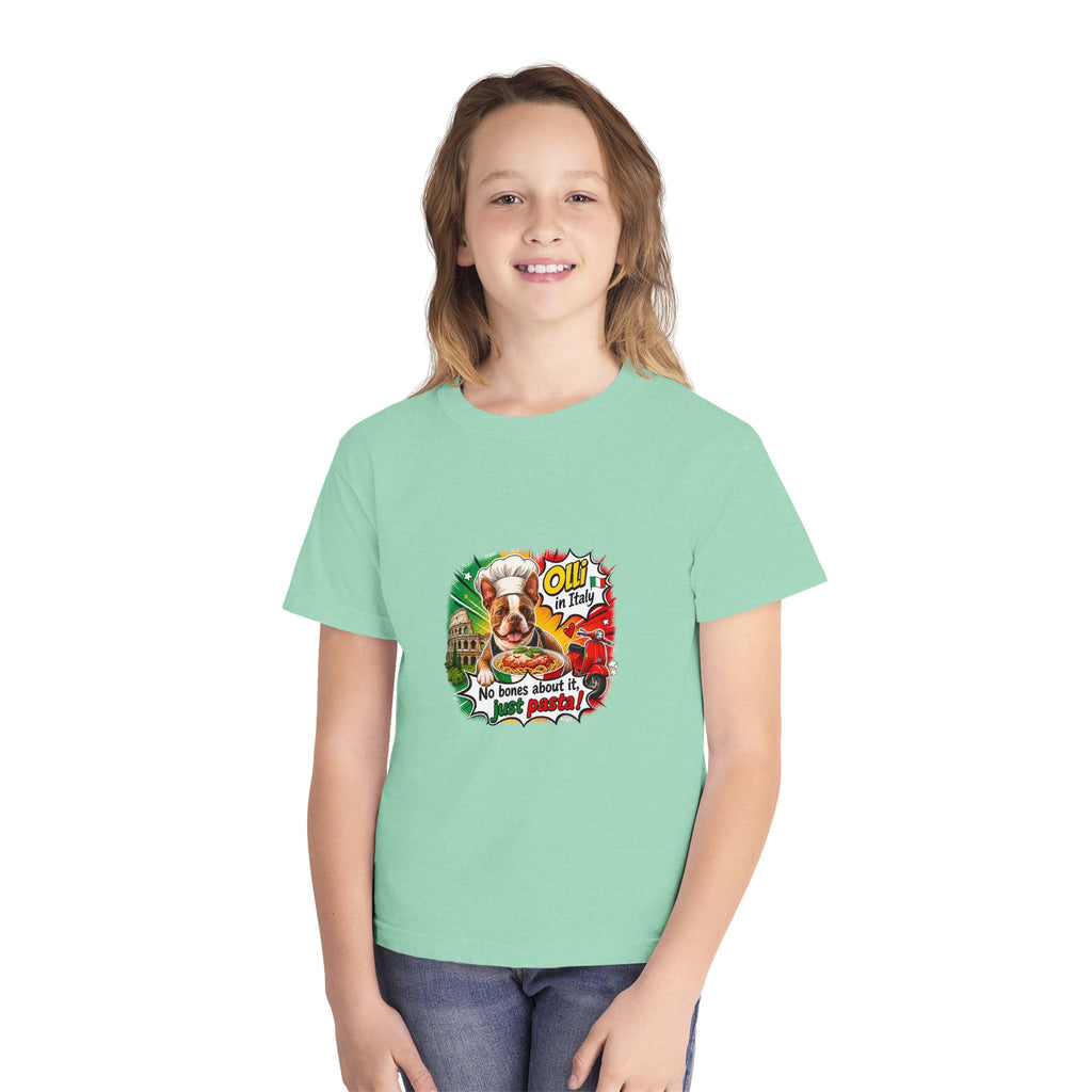 Youth Tee - Cute Olli the Boston Terrier "My Nose Says This Way" Vintage Italian Pizza Chef Graphic