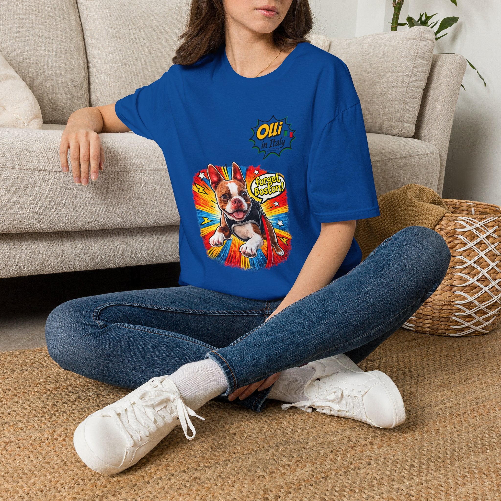 Olli in Italy "Forget Boston" Graphic T-Shirt — Colorful Dog Pop Art Tee