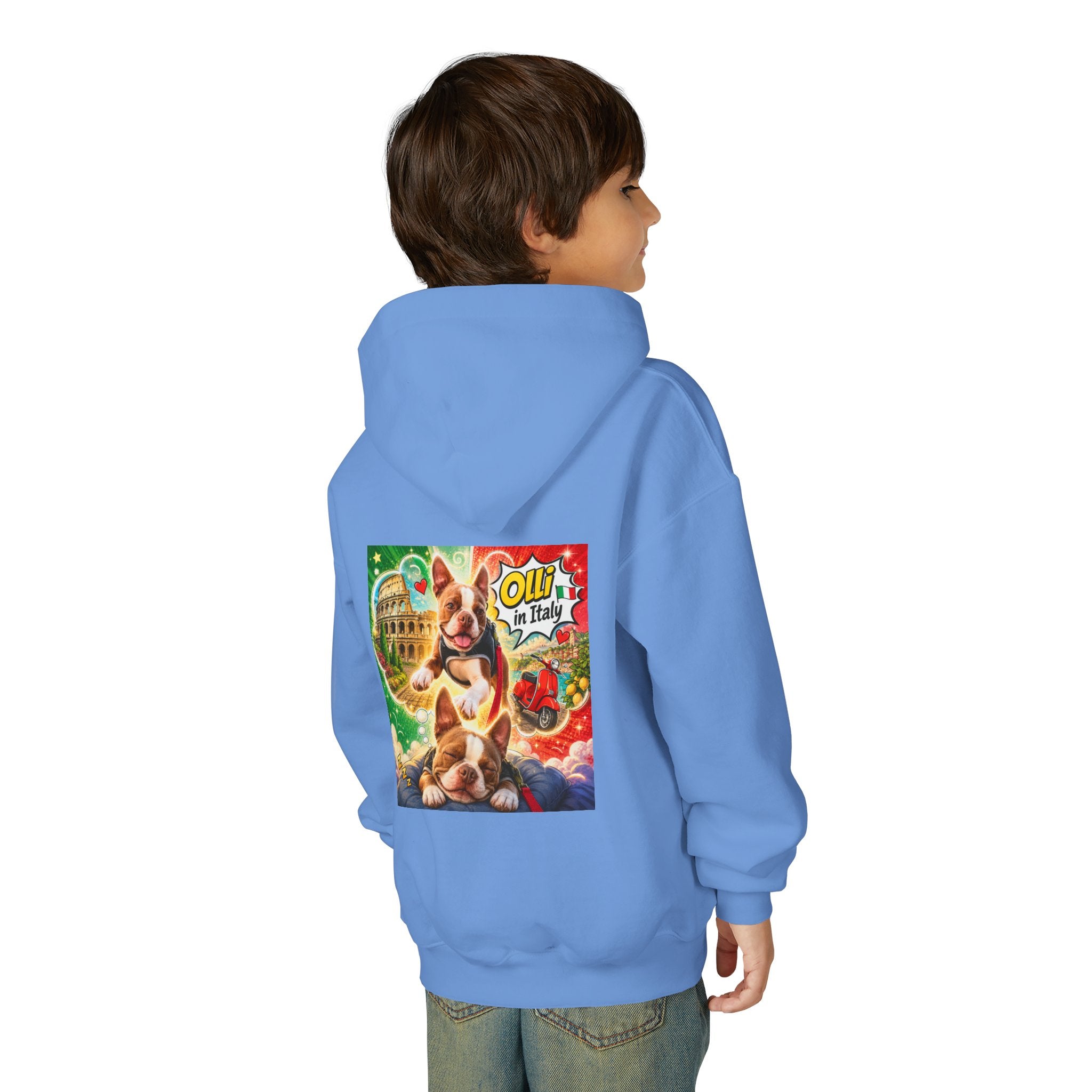 Youth Hoodie — "Olli in Italy" Boston Terrier Sweatshirt
