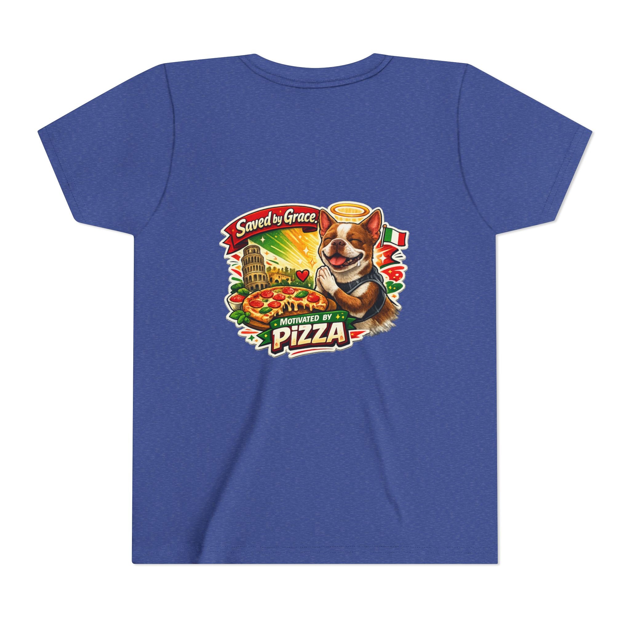 Kids' Pizza Olli the Boston Terrier Tee — "Saved by Grace" Funny Italian Pizza Youth Shirt