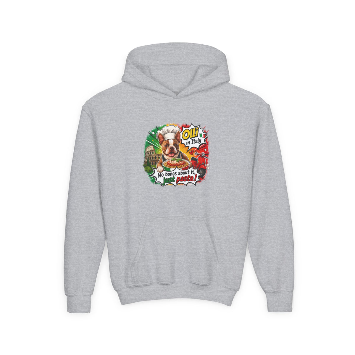 Youth Hoodie — "Olli from Italy" Boston Terrier Christmas Holiday Sweatshirt