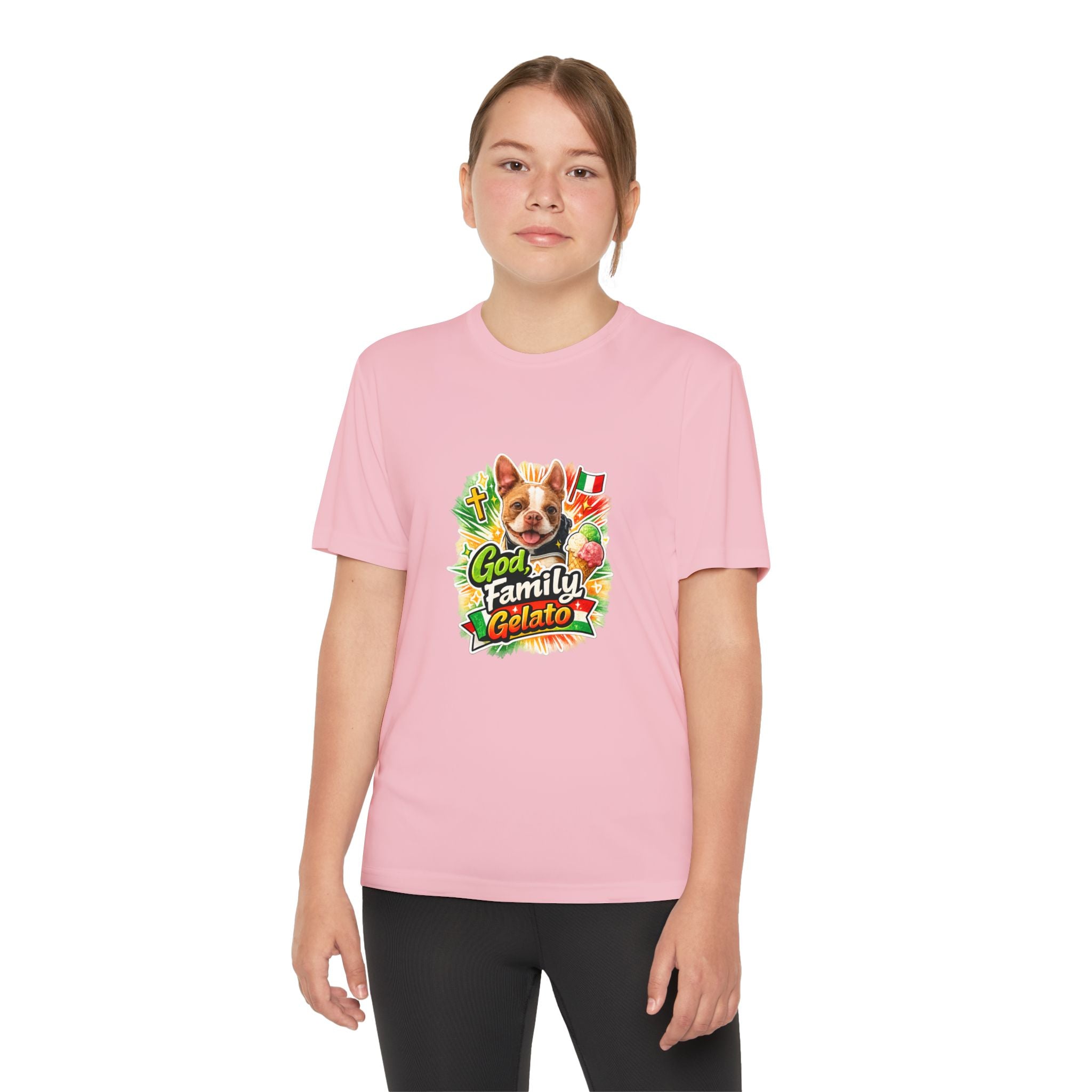Youth Graphic Tee — 'God, Family, Gelato' Olli In Italy Boston Terrier Dog