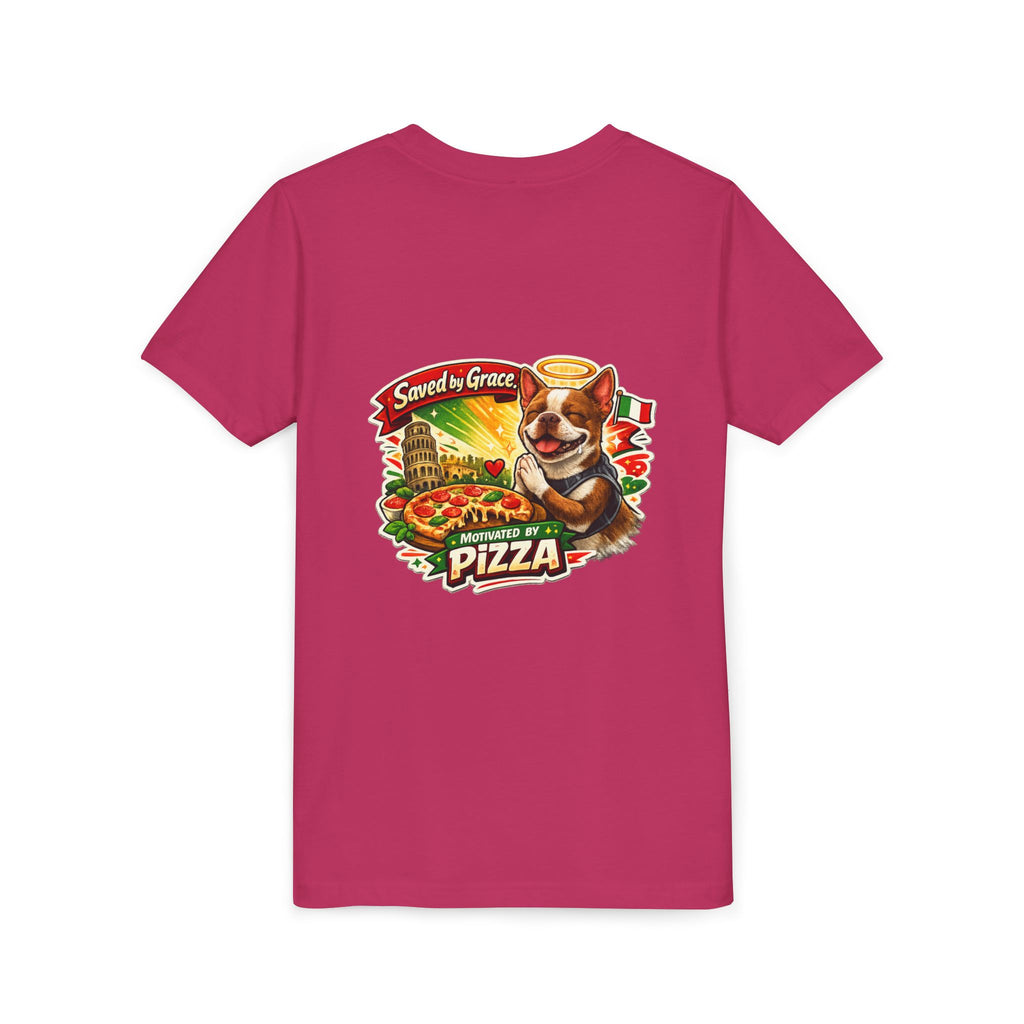 Kids' Pizza Olli the Boston Terrier Tee — "Saved by Grace" Funny Italian Pizza Youth Shirt