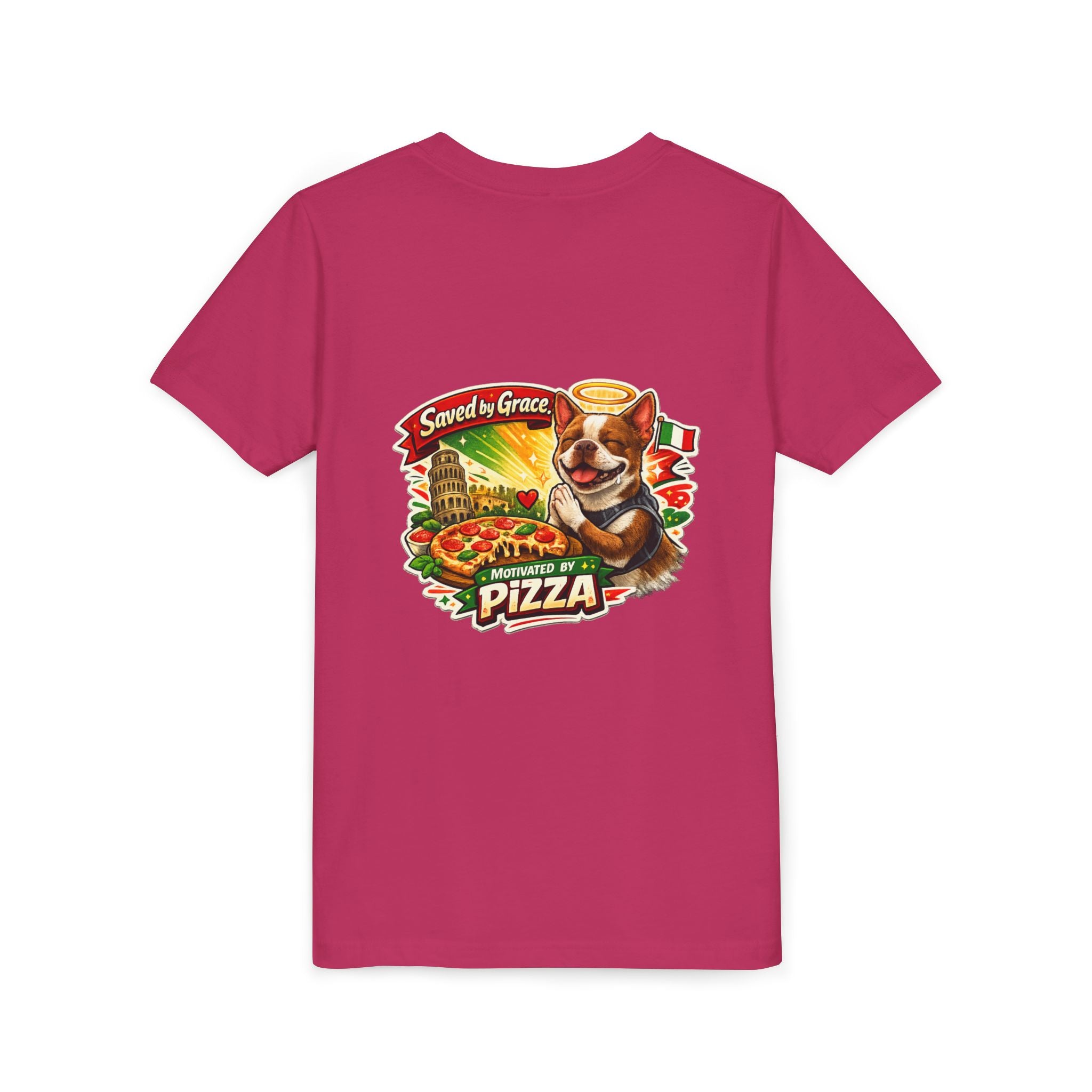 Kids' Pizza Olli the Boston Terrier Tee — "Saved by Grace" Funny Italian Pizza Youth Shirt