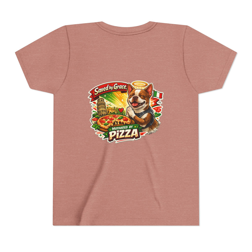 Kids' Pizza Olli the Boston Terrier Tee — "Saved by Grace" Funny Italian Pizza Youth Shirt