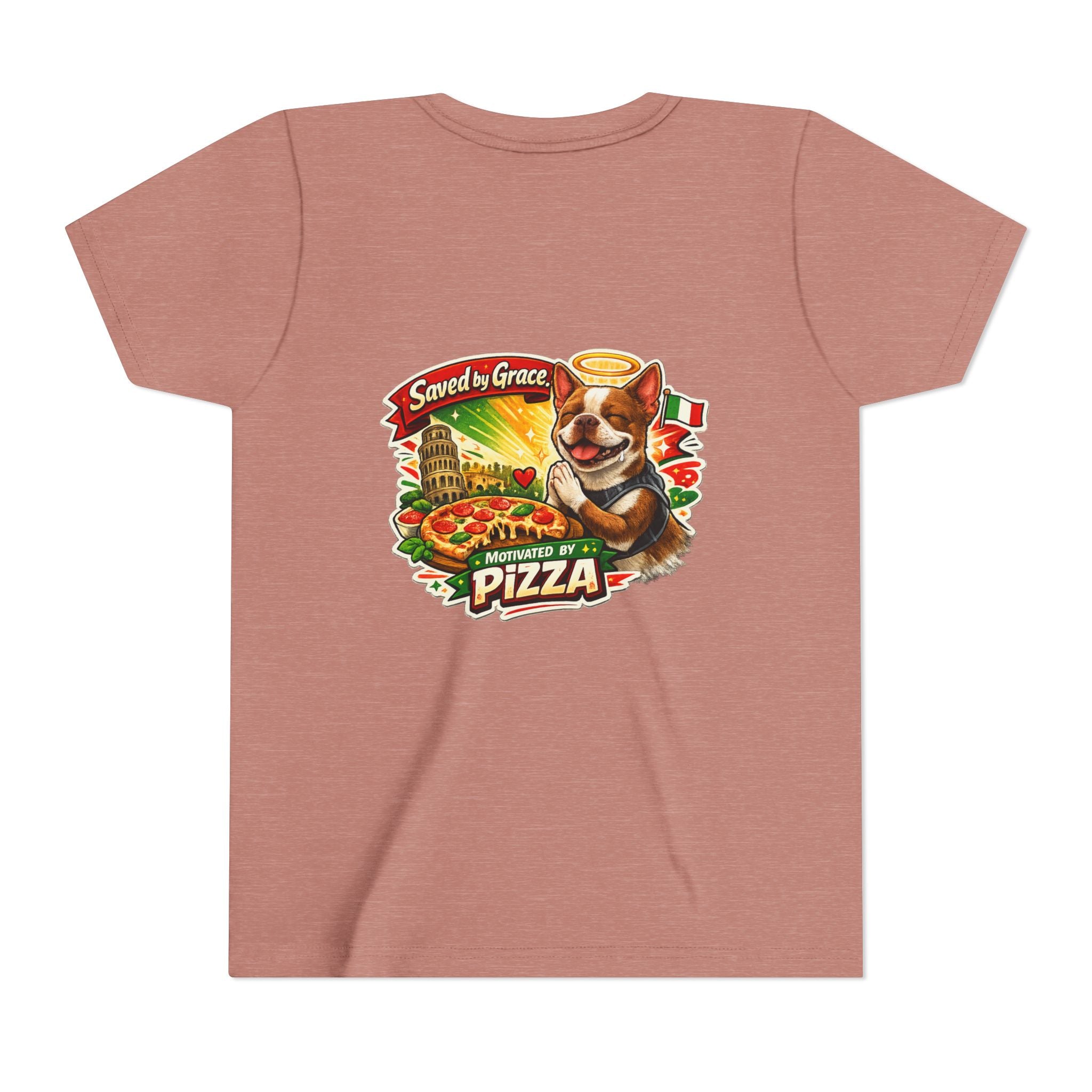 Kids' Pizza Olli the Boston Terrier in Italy Tee — "Saved by Grace" Funny Italian Pizza Youth Shirt