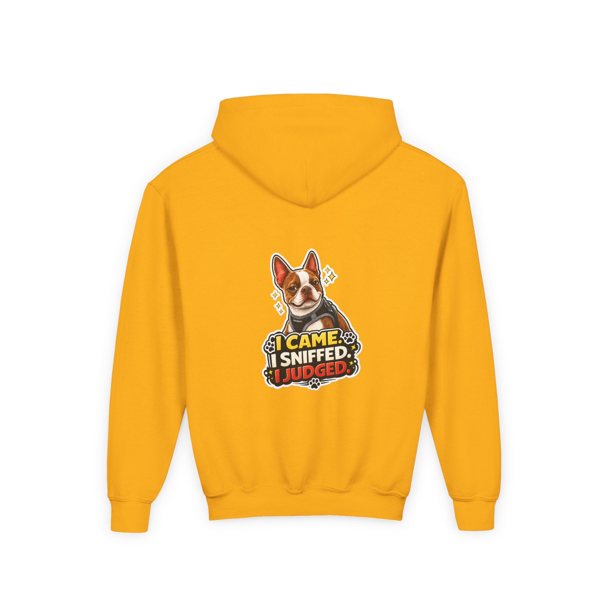 Youth Hoodie — Cute Olli the Boston Terrier ‘My Nose Says This Way’ / ‘I Came, I Sniffed, I Judged’