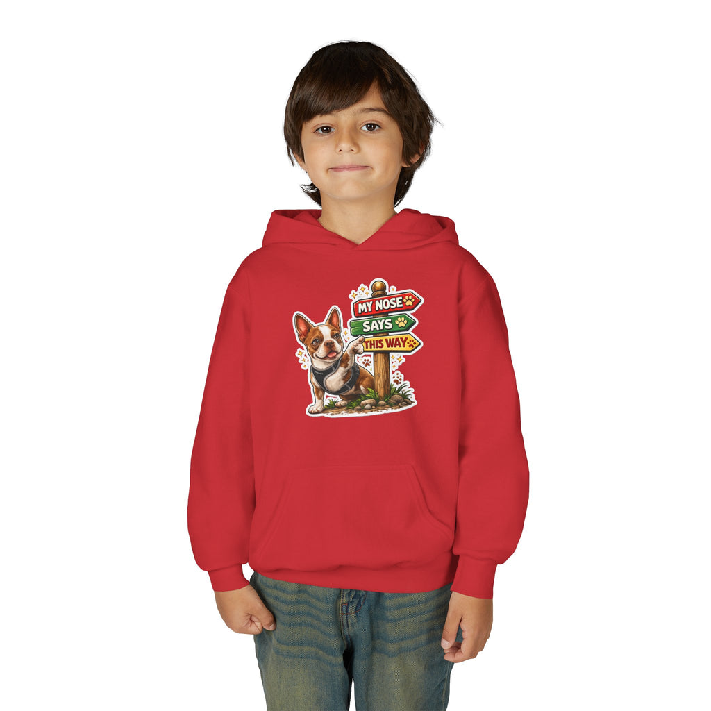 Youth Hoodie — Cute Olli the Boston Terrier ‘My Nose Says This Way’ / ‘I Came, I Sniffed, I Judged’