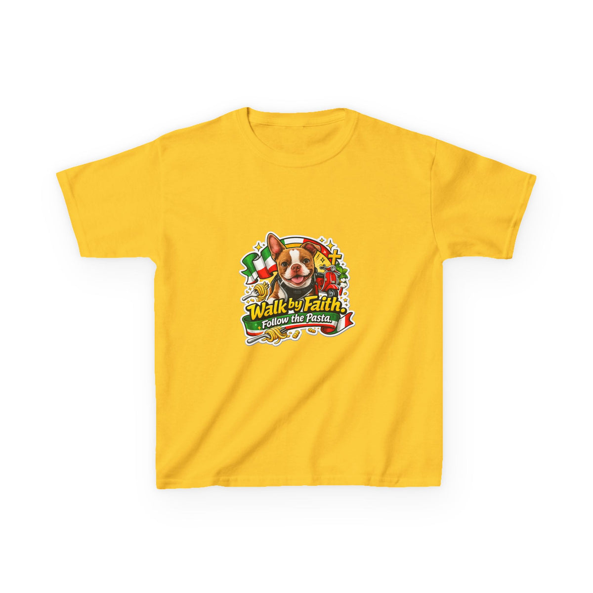 Kids T‑Shirt — “Walk by Faith, Follow the Pasta ” Cute Olli the Boston Terrier Faith Graphic