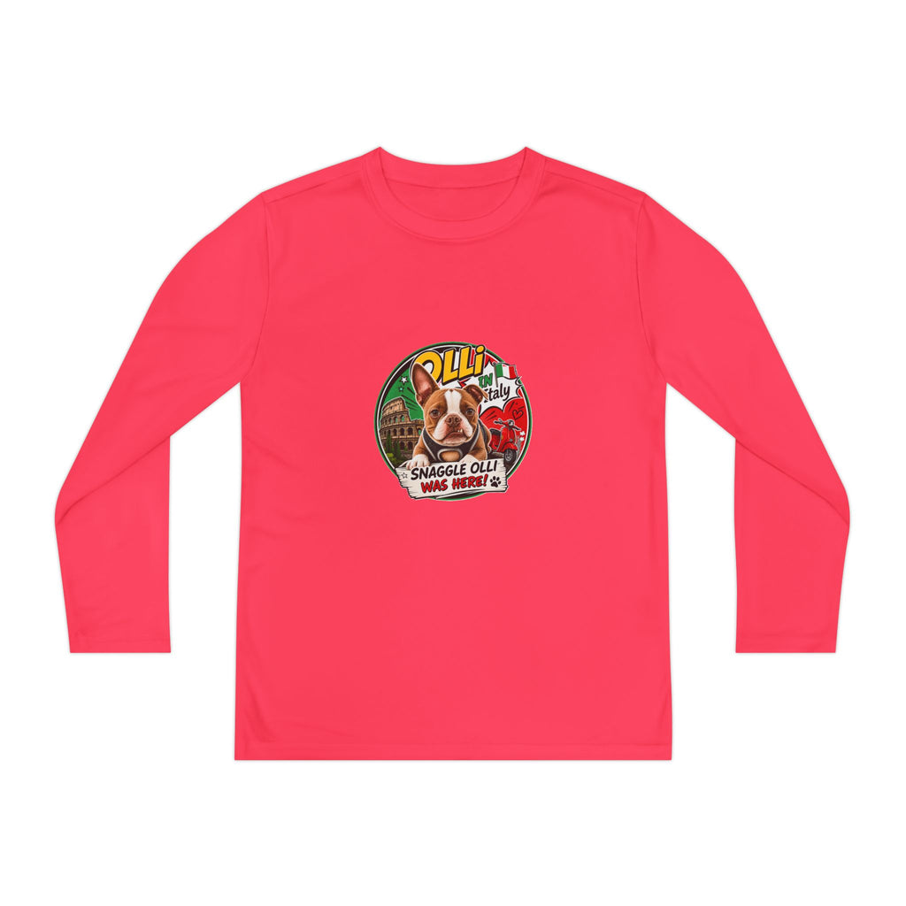 Olli the Boston Terrier in Italy Youth Long Sleeve Tee — "Olli" Surf Rescue Graphic