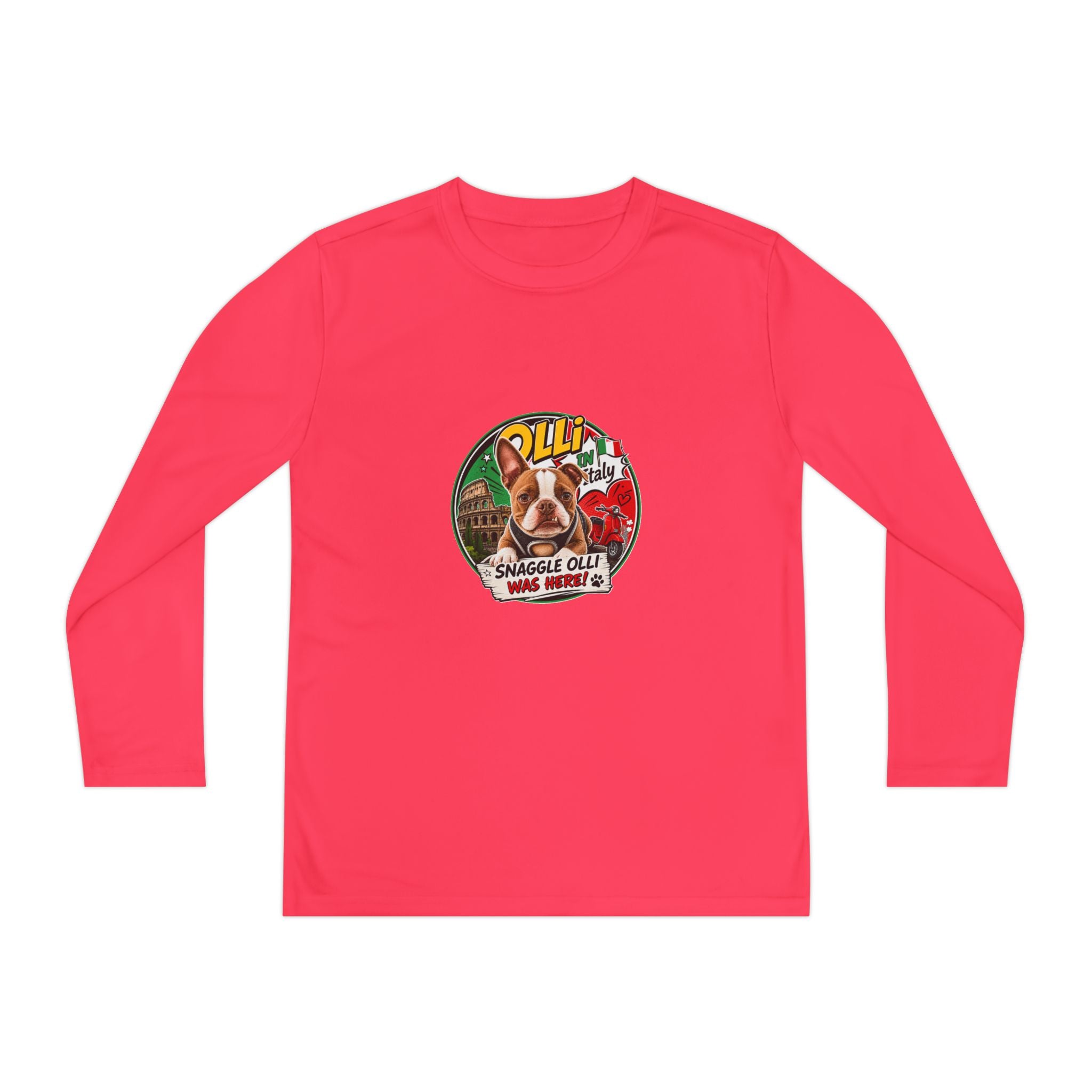 Olli the Boston Terrier in Italy Youth Long Sleeve Tee — "Olli" Surf Rescue Graphic