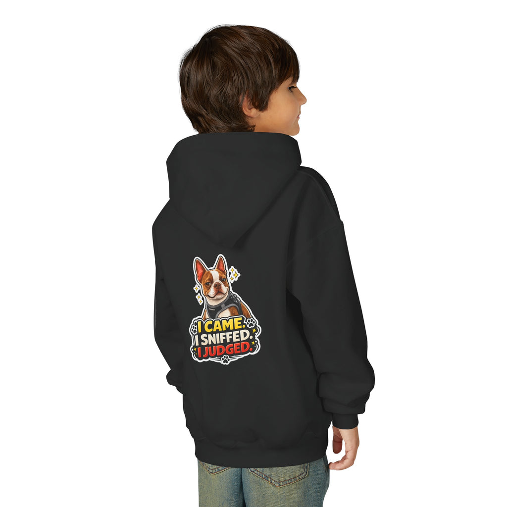 Youth Hoodie — Cute Olli the Boston Terrier ‘My Nose Says This Way’ / ‘I Came, I Sniffed, I Judged’