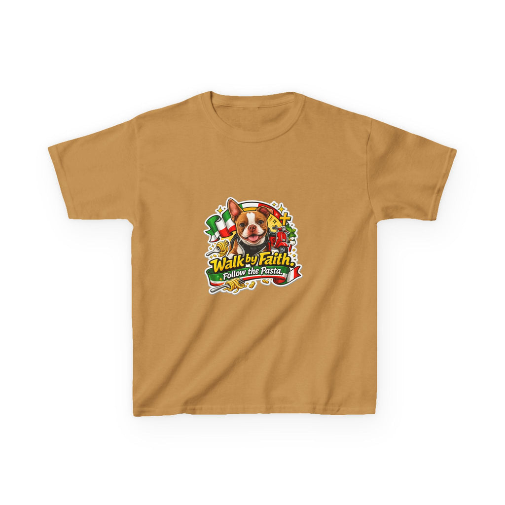 Kids T‑Shirt — “Walk by Faith, Follow the Pasta ” Cute Olli the Boston Terrier Faith Graphic