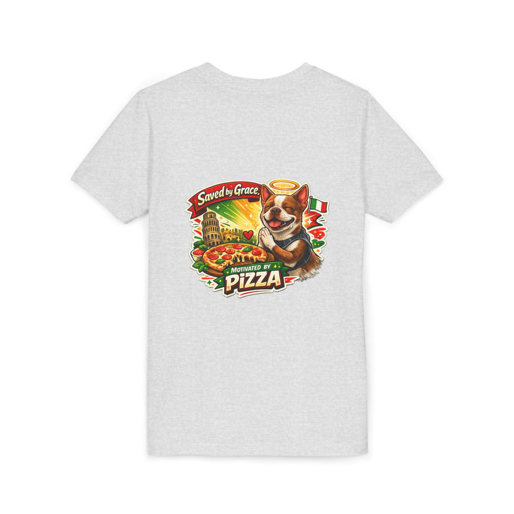 Kids' Pizza Olli the Boston Terrier Tee — "Saved by Grace" Funny Italian Pizza Youth Shirt
