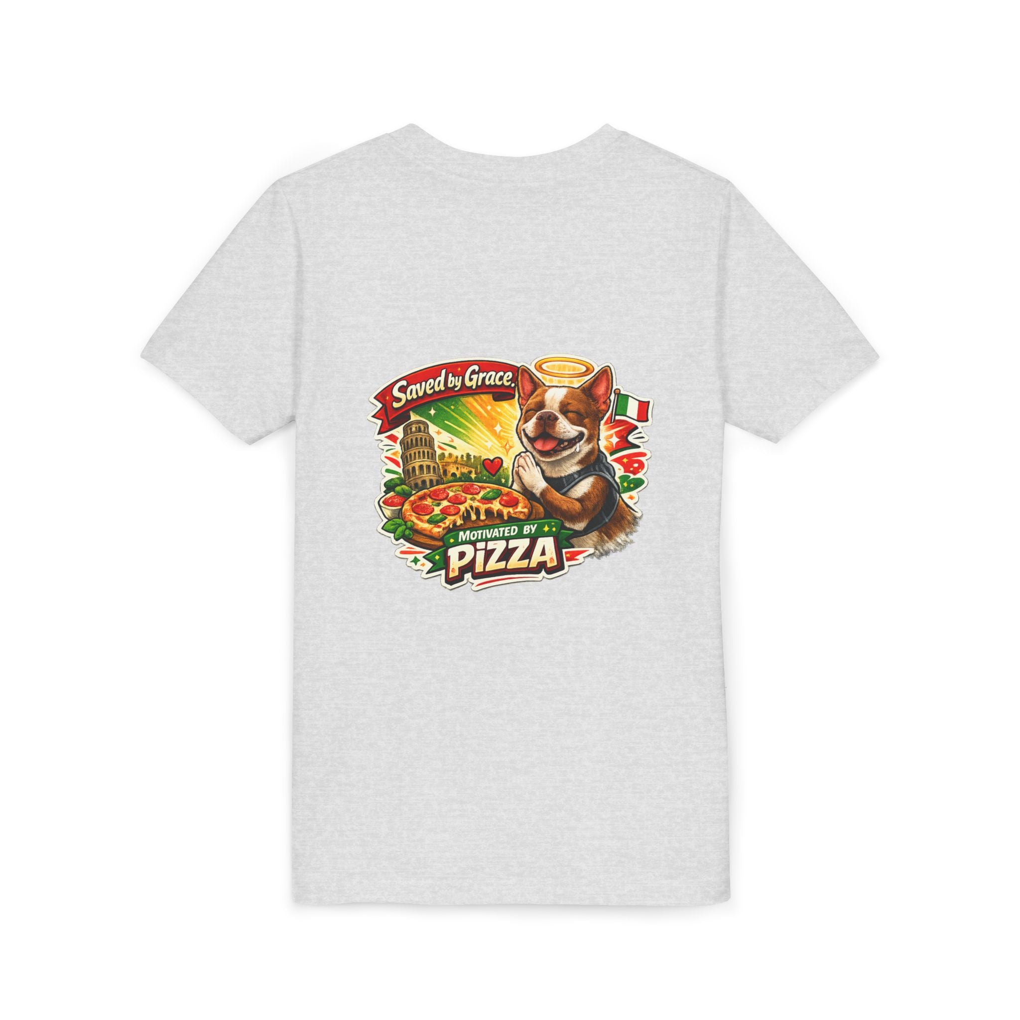 Kids' Pizza Olli the Boston Terrier Tee — "Saved by Grace" Funny Italian Pizza Youth Shirt