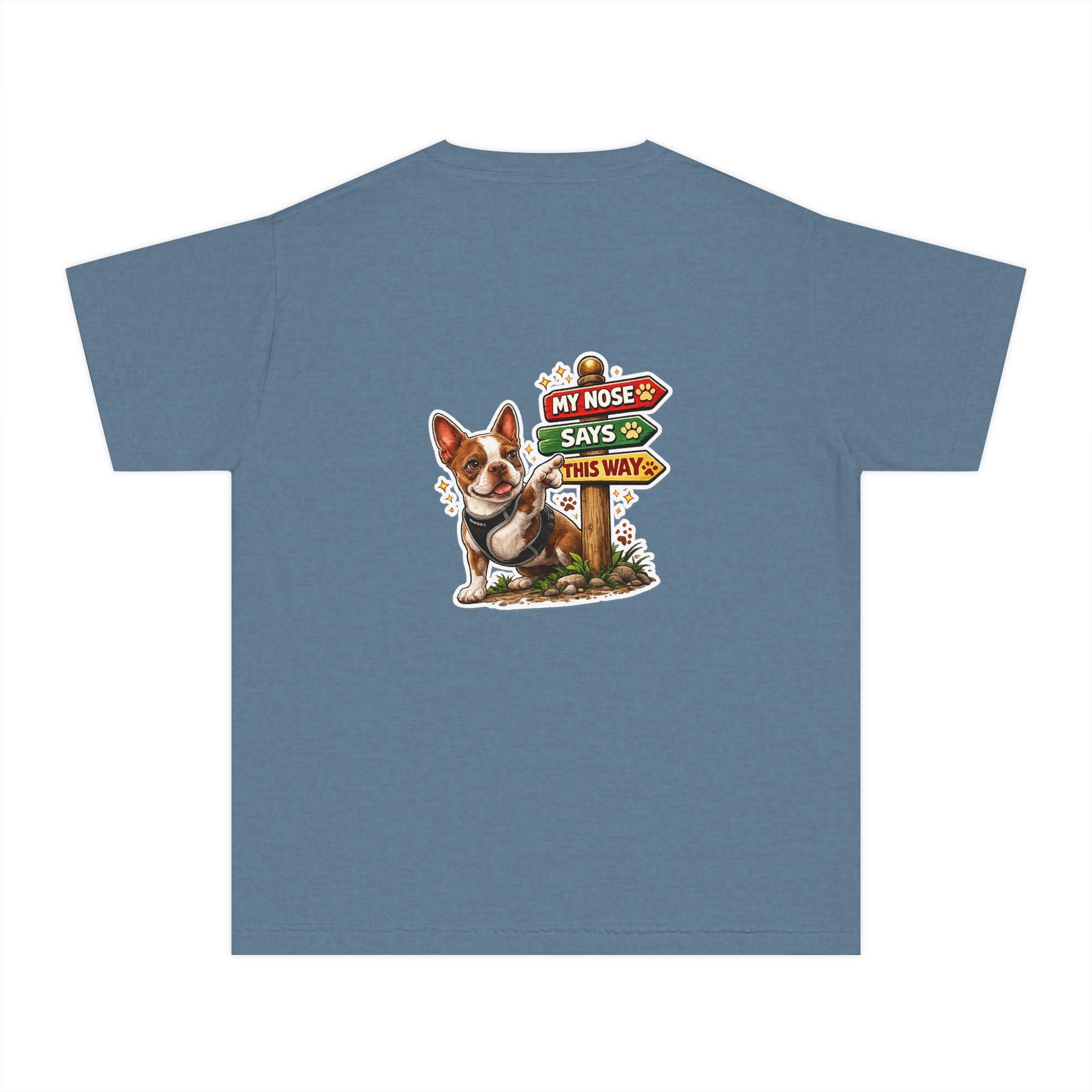 Youth Tee - Cute Olli the Boston Terrier "My Nose Says This Way" Vintage Italian Pizza Chef Graphic