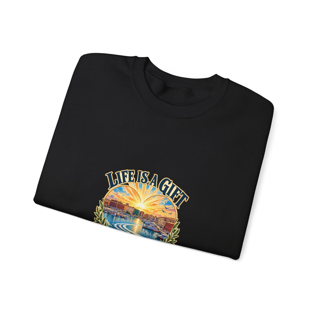 Life Is a Gift Crewneck Sweatshirt – 'Live It Generously' Graphic