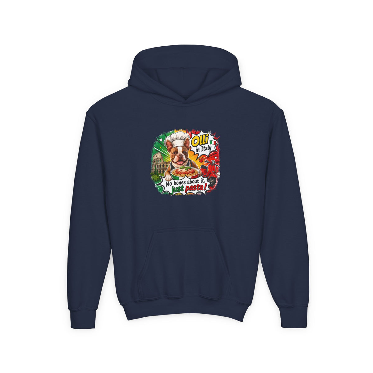 Youth Hoodie — "Olli from Italy" Boston Terrier Christmas Holiday Sweatshirt