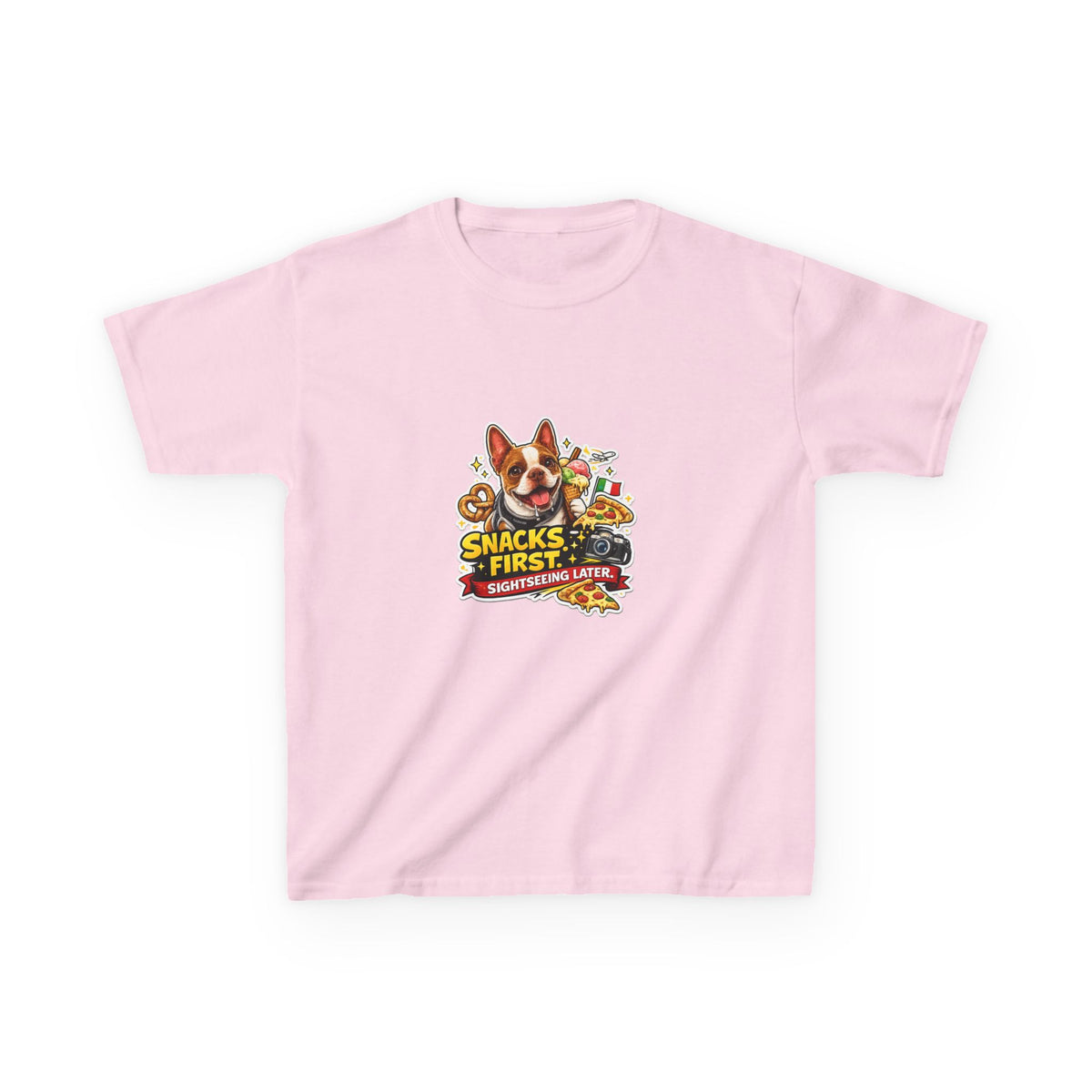 Kids T‑Shirt – "Snacks First" Olli the Boston Terrier Graphic Tee