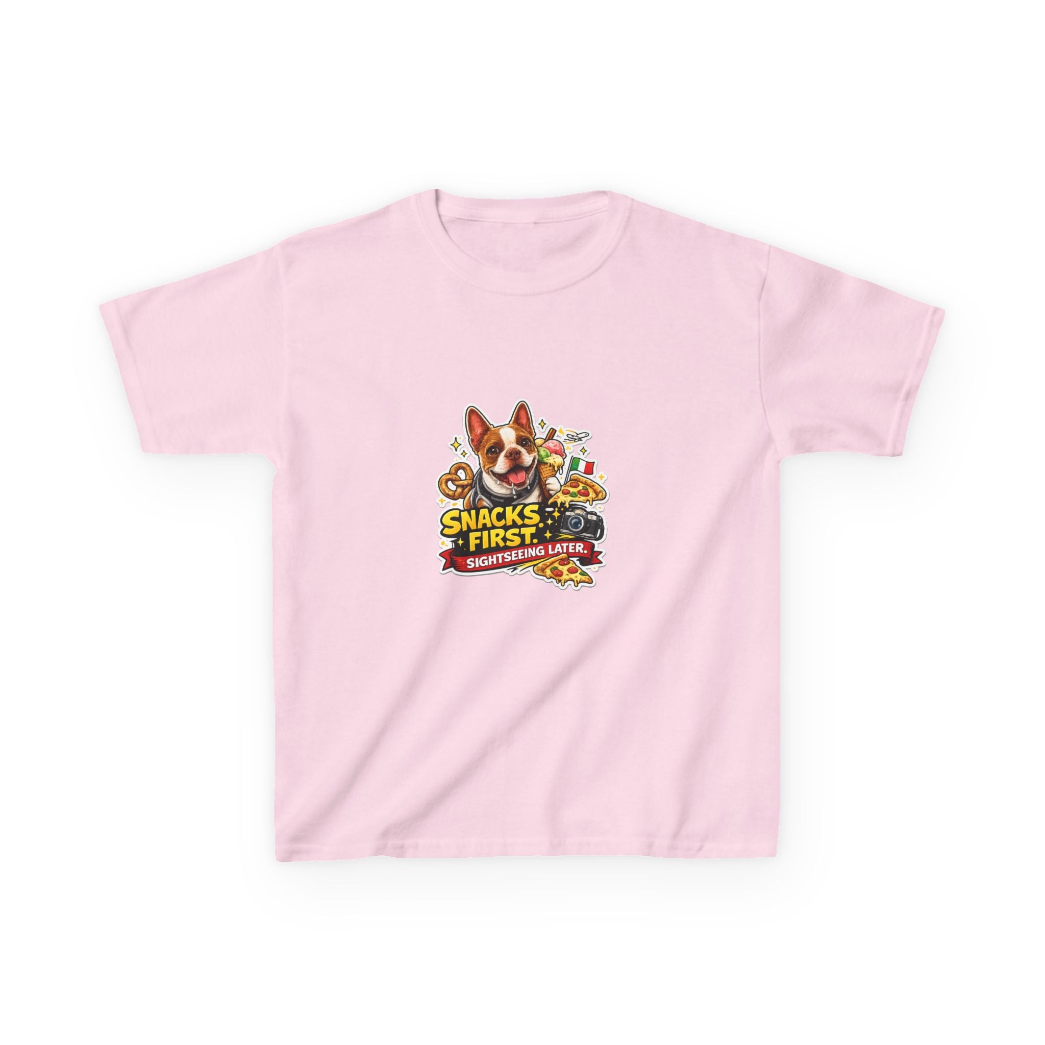 Kids T‑Shirt — "Snacks First" Funny Olli the Boston Terrier Graphic Tee for Children