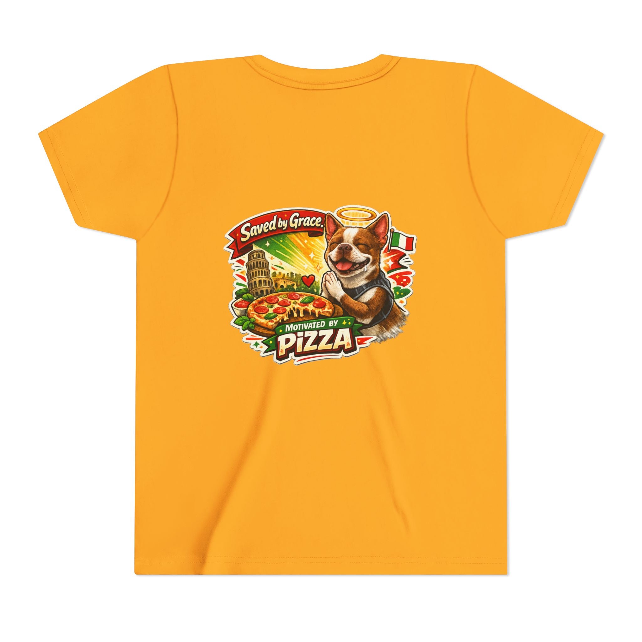 Kids' Pizza Olli the Boston Terrier Tee — "Saved by Grace" Funny Italian Pizza Youth Shirt