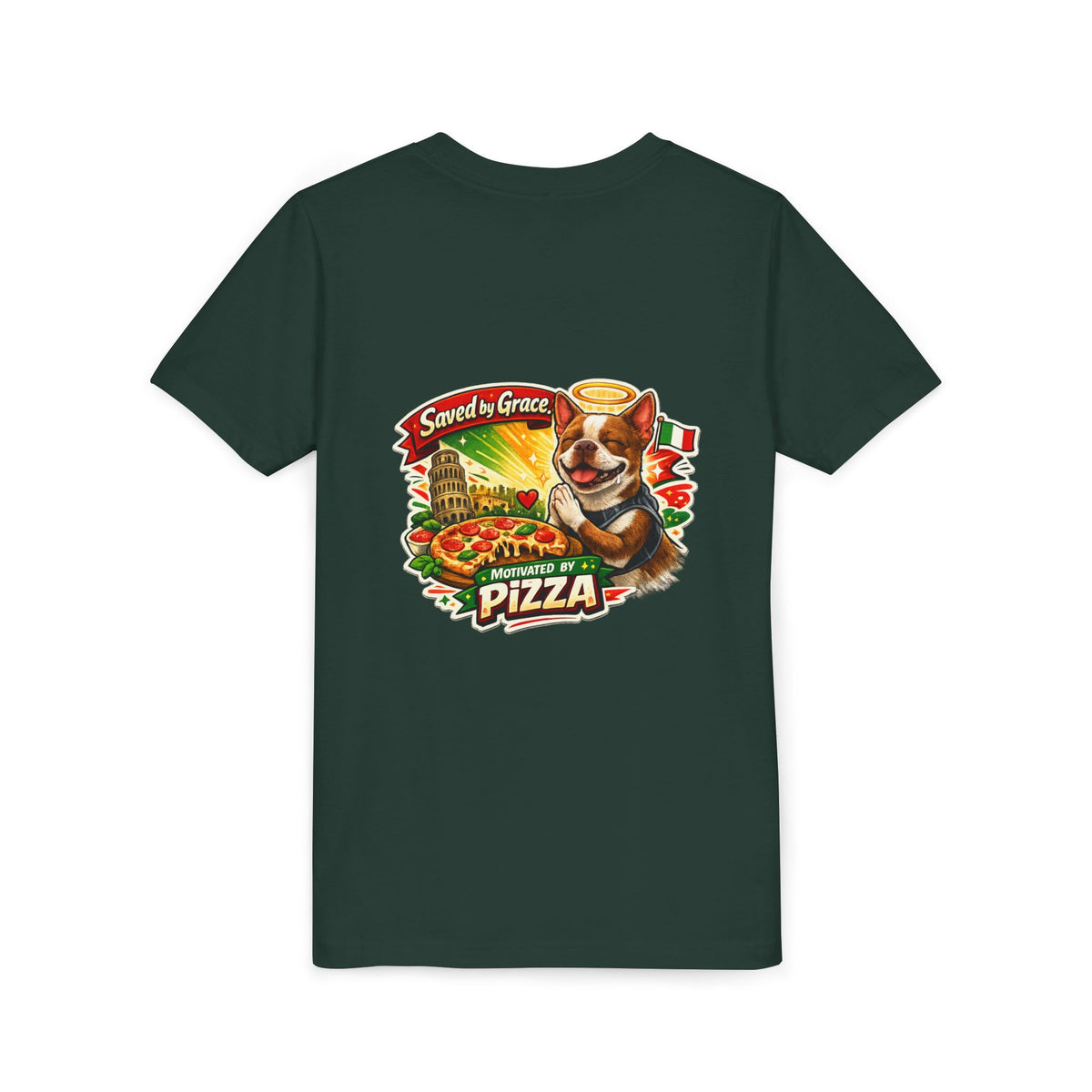 Kids' Pizza Olli the Boston Terrier Tee — "Saved by Grace" Funny Italian Pizza Youth Shirt