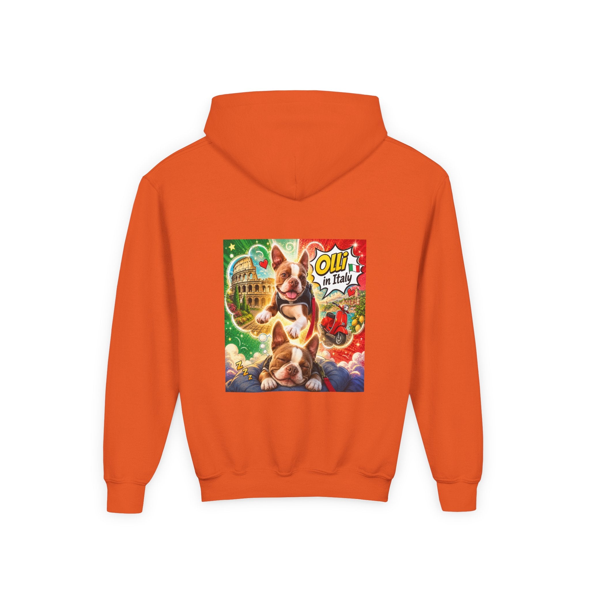 Youth Hoodie — "Olli in Italy" Boston Terrier Sweatshirt