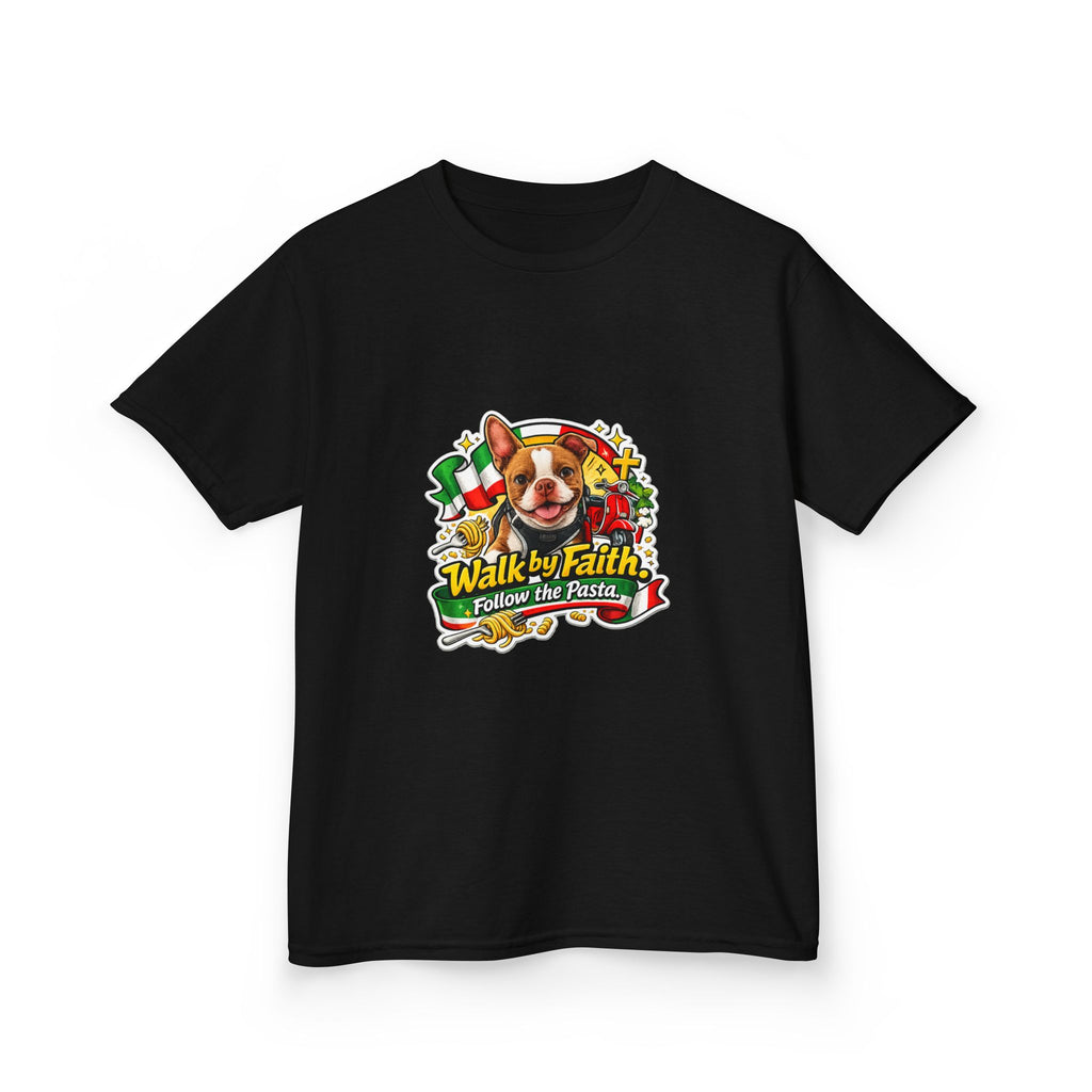 Kids T‑Shirt — “Walk by Faith, Follow the Path” Cute Olli the Boston Terrier In Italy Dog Faith Graphic