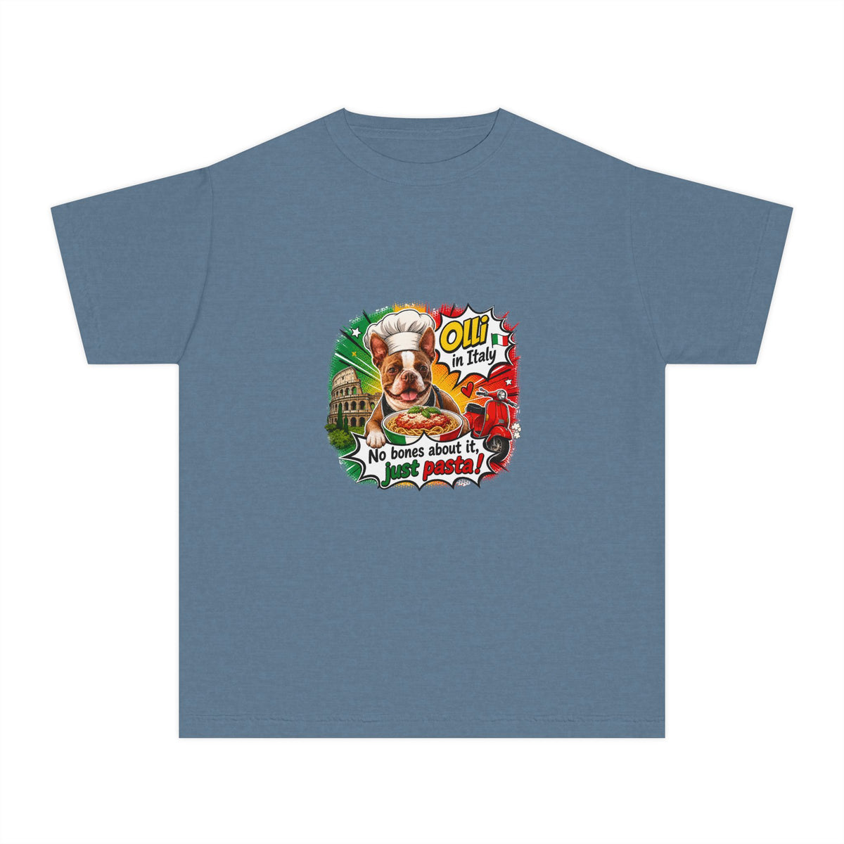 Youth Tee - Cute Olli the Boston Terrier "My Nose Says This Way" Vintage Italian Pizza Chef Graphic