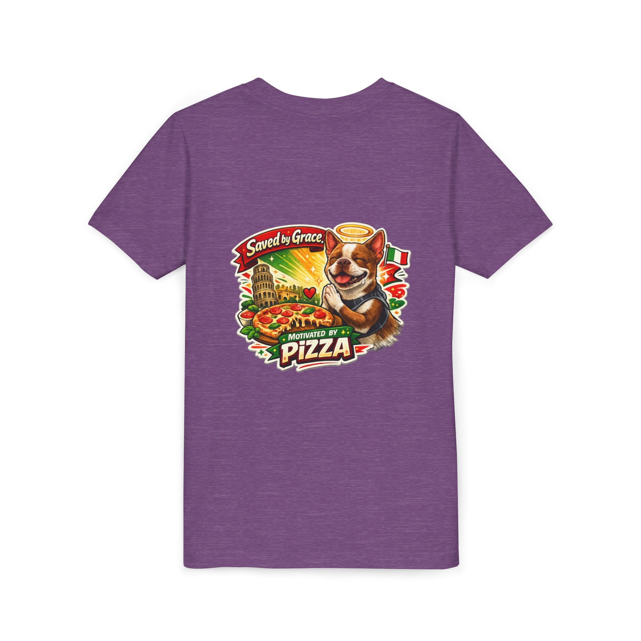 Kids' Pizza Olli the Boston Terrier in Italy Tee — "Saved by Grace" Funny Italian Pizza Youth Shirt