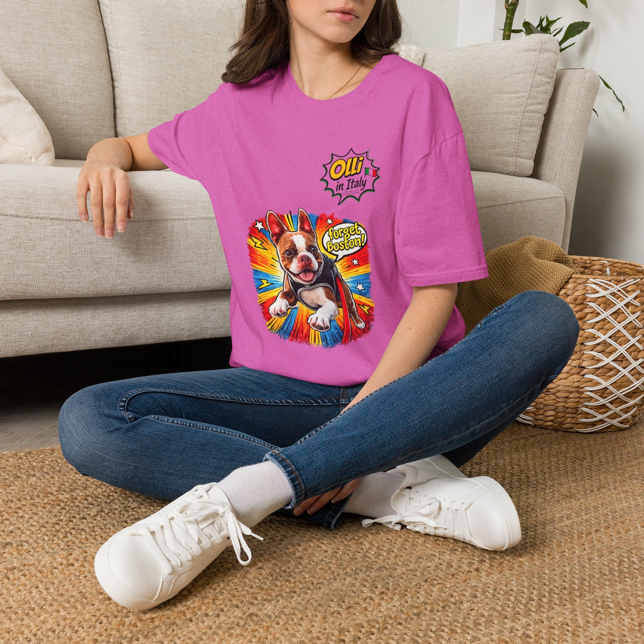 Olli in Italy "Forget Boston" Graphic T-Shirt — Colorful Dog Pop Art Tee