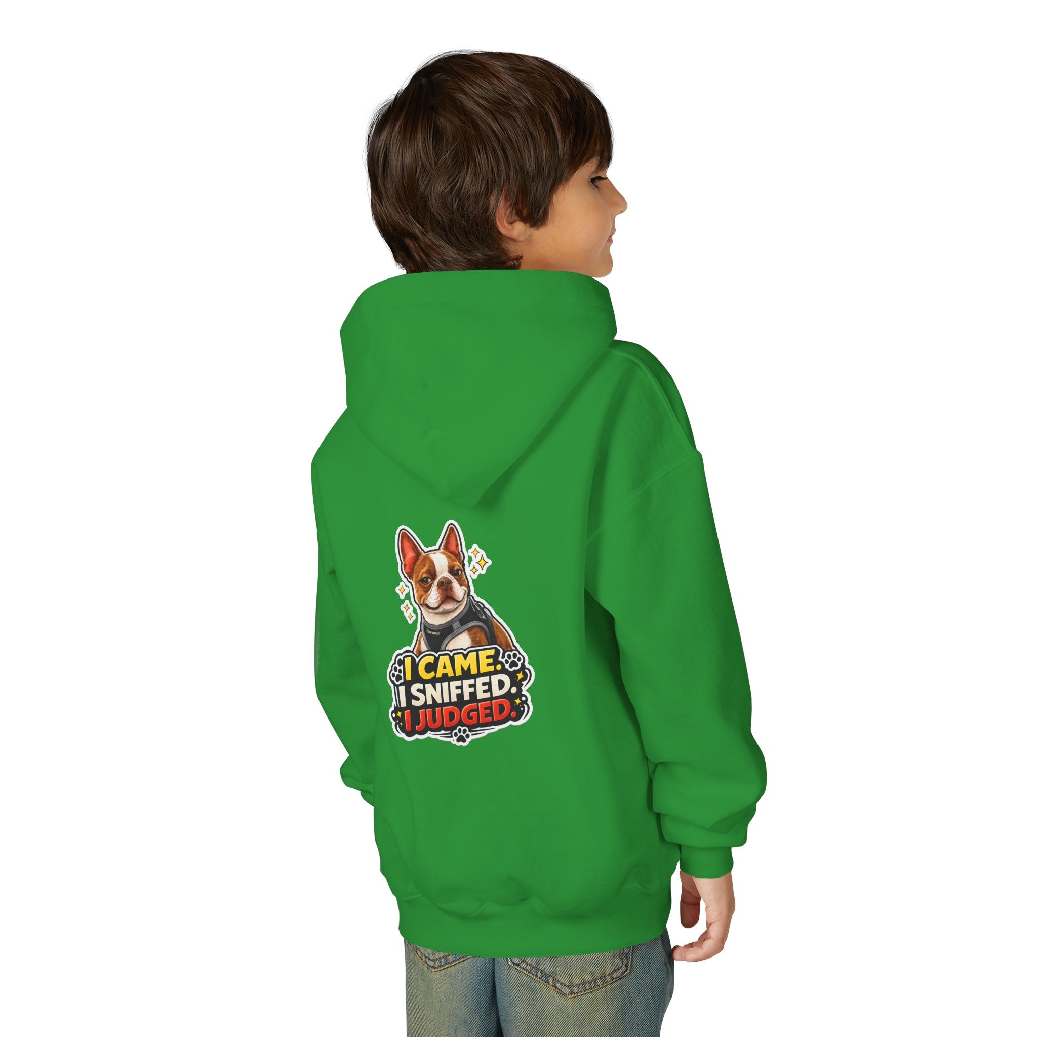 Youth Hoodie — Cute Olli the Boston Terrier ‘My Nose Says This Way’ / ‘I Came, I Sniffed, I Judged’