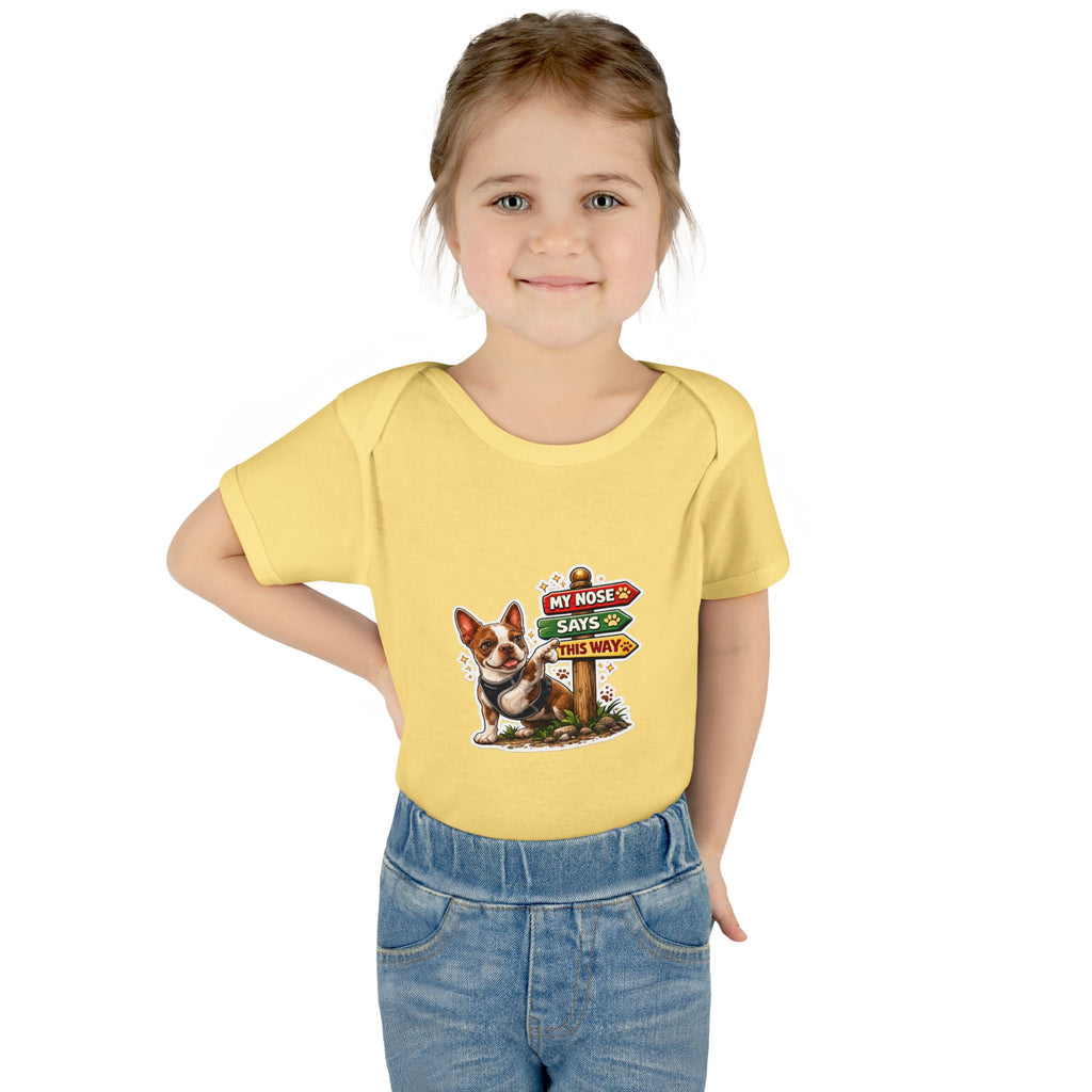 Infant Bodysuit — "My Nose Says This Way" Olli In Italy Boston Terrier Onesie (Front & Back Cute Dog Design)