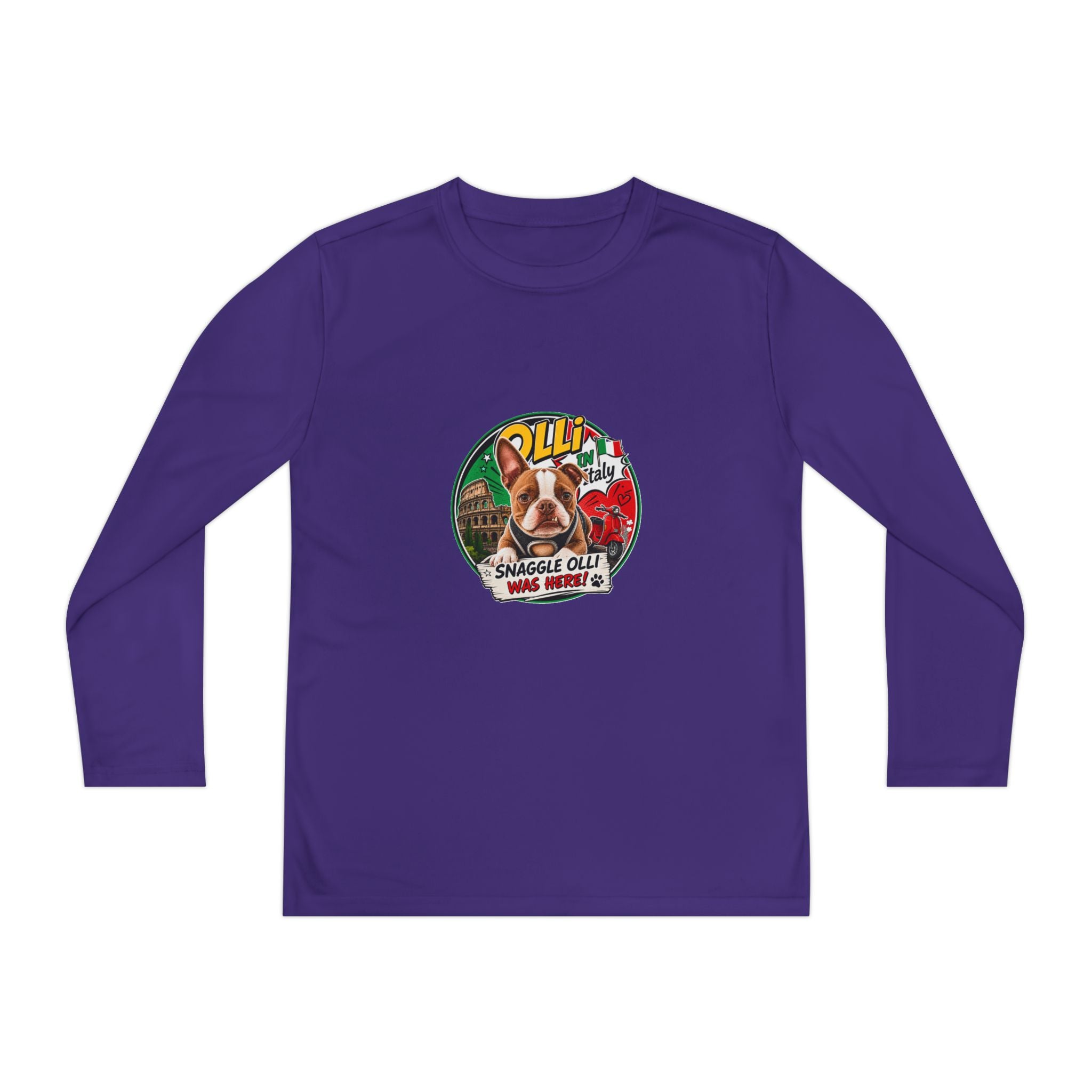 Olli the Boston Terrier in Italy Youth Long Sleeve Tee — "Olli" Surf Rescue Graphic