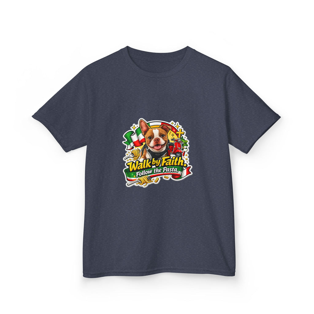 Kids T‑Shirt — “Walk by Faith, Follow the Pasta ” Cute Olli the Boston Terrier Faith Graphic