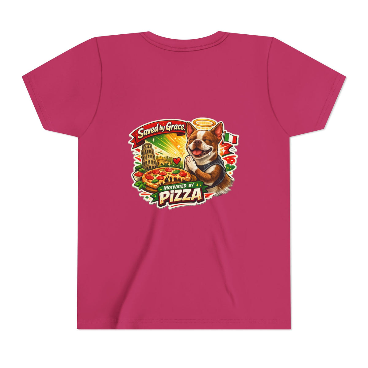 Kids' Pizza Olli the Boston Terrier Tee — "Saved by Grace" Funny Italian Pizza Youth Shirt