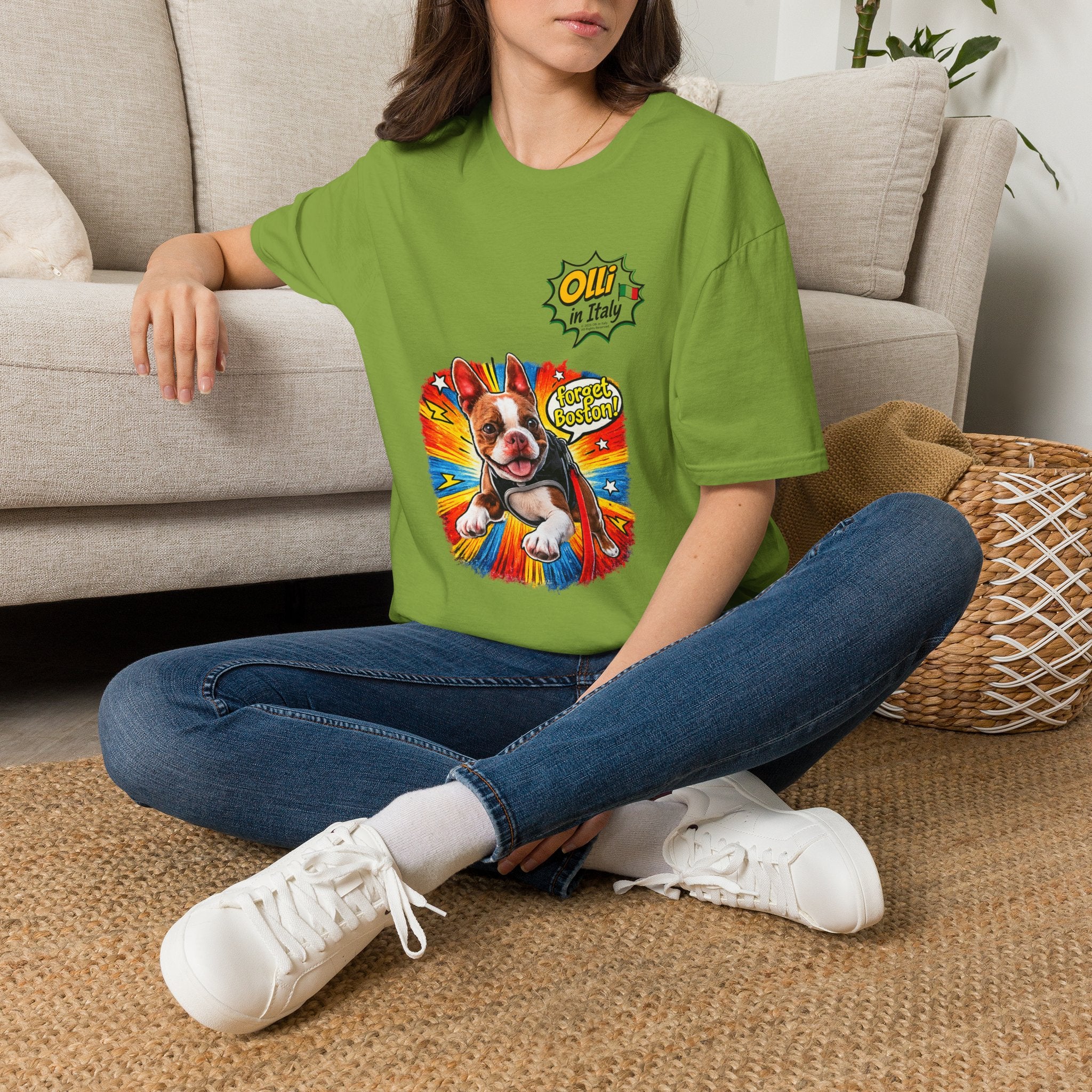 Olli in Italy "Forget Boston" Graphic T-Shirt — Colorful Dog Pop Art Tee