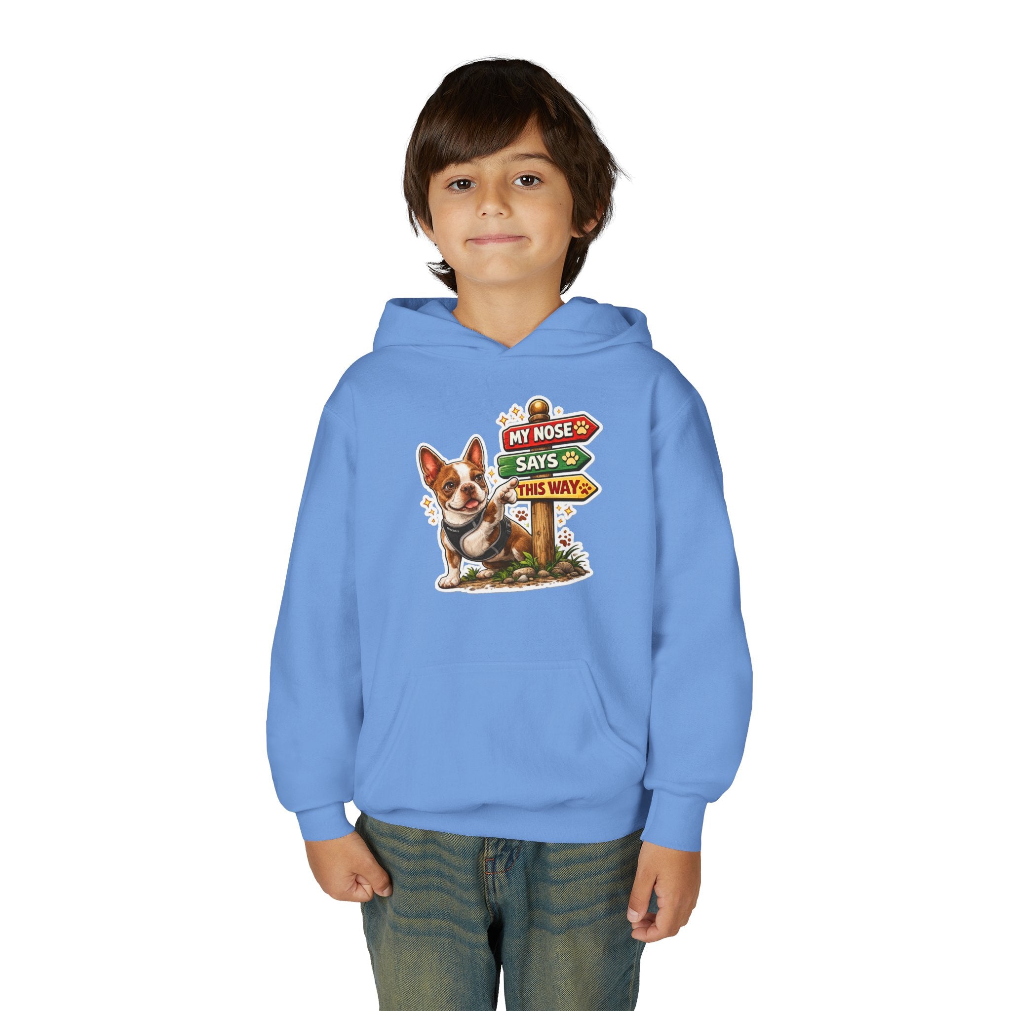 Youth Hoodie — Cute Olli the Boston Terrier ‘My Nose Says This Way’ / ‘I Came, I Sniffed, I Judged’