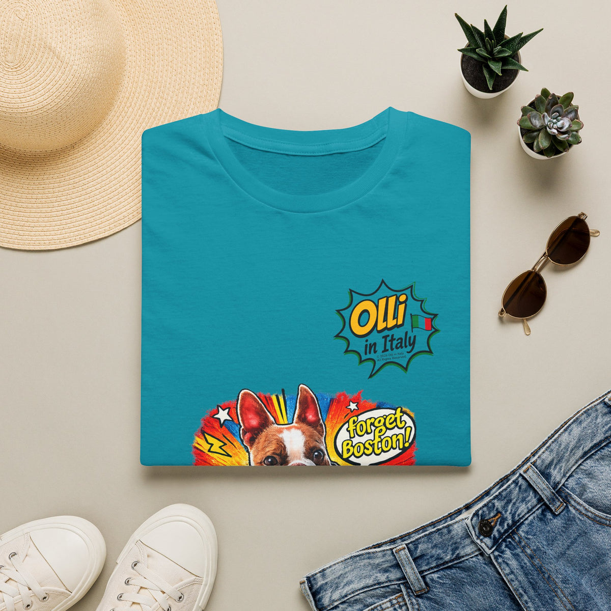 Olli in Italy "Forget Boston" Graphic T-Shirt — Colorful Dog Pop Art Tee
