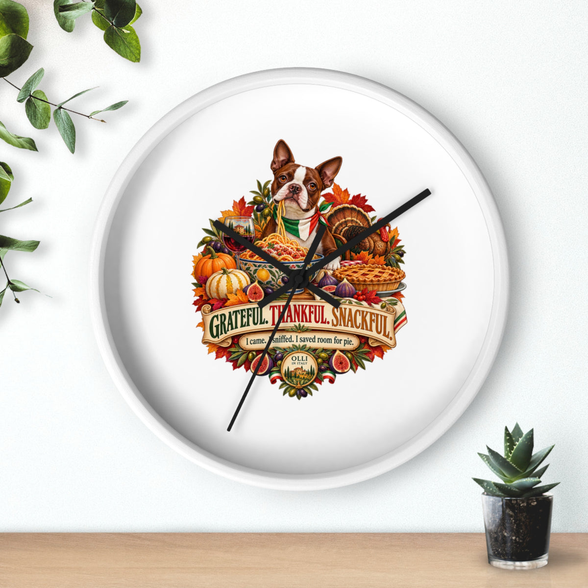 Thankful Pup Thanksgiving Wall Clock — Autumn Harvest Dog Decor