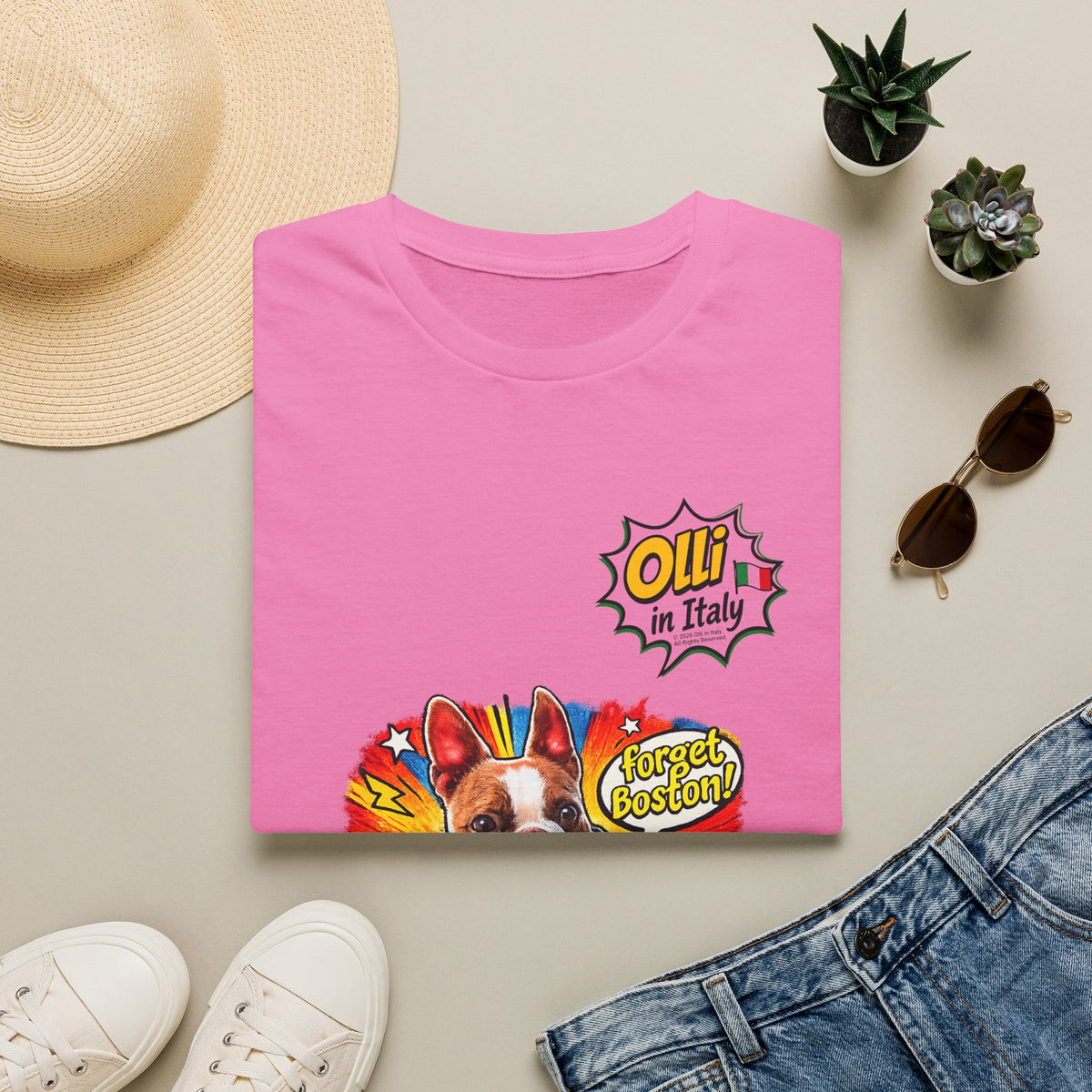 Olli in Italy "Forget Boston" Graphic T-Shirt — Colorful Dog Pop Art Tee