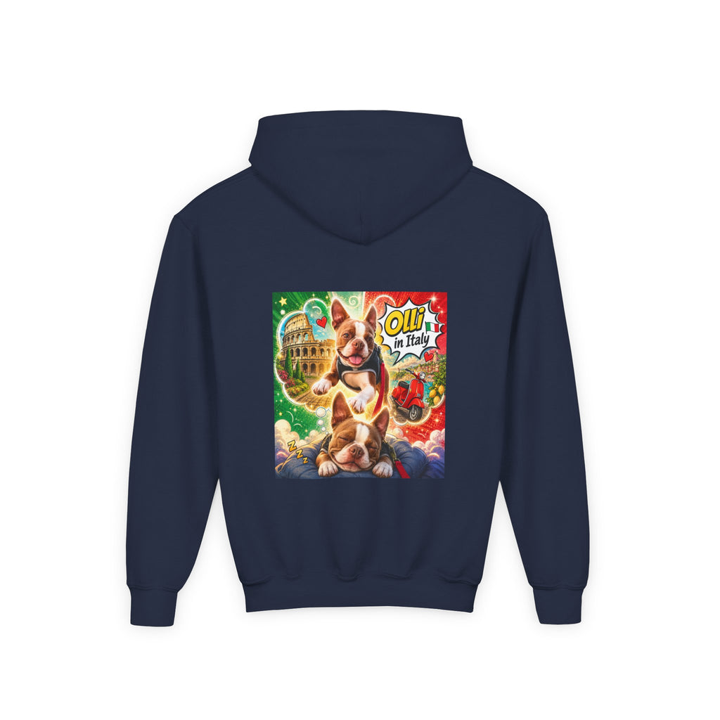 Youth Hoodie — "Olli in Italy" Boston Terrier Sweatshirt