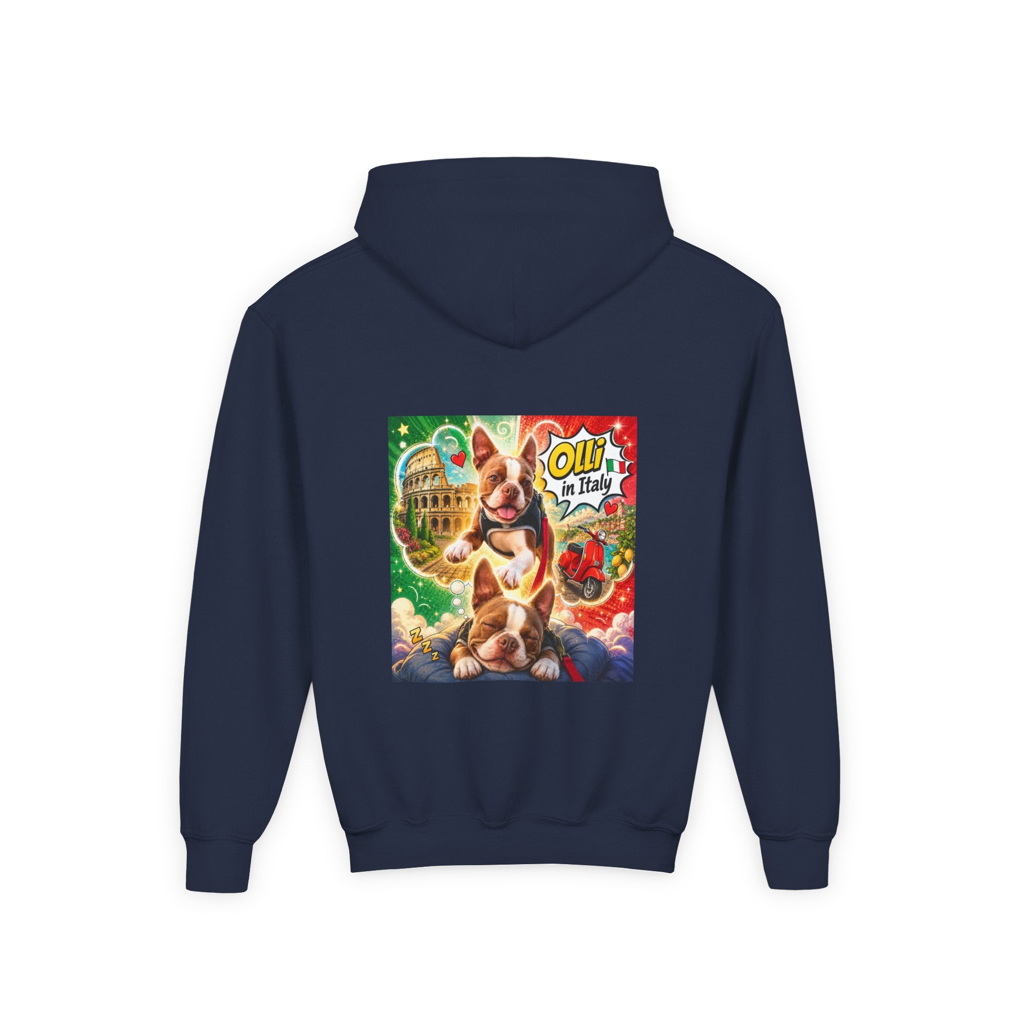 Youth Hoodie — "Olli in Italy" Boston Terrier Sweatshirt
