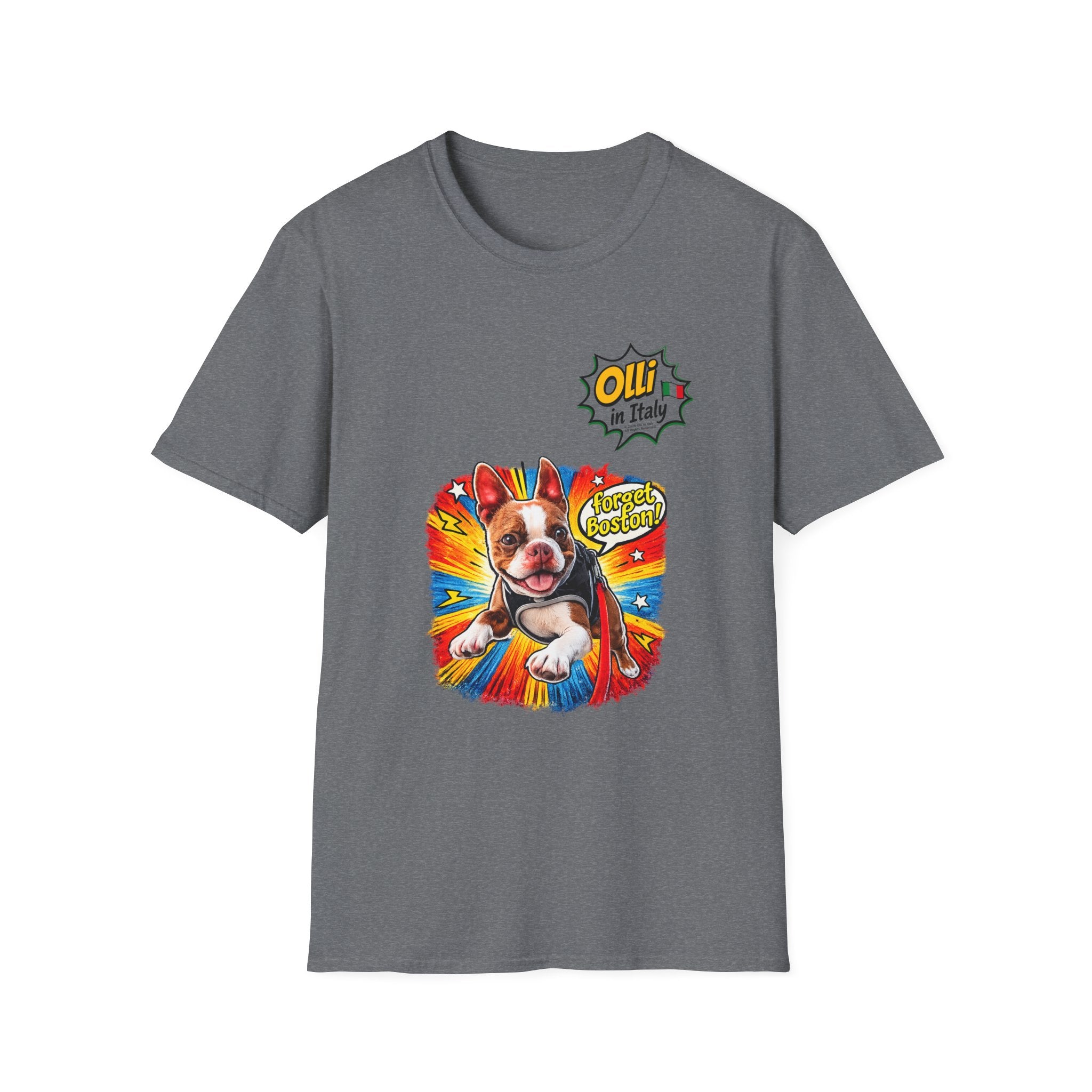 Olli in Italy "Forget Boston" Graphic T-Shirt — Colorful Dog Pop Art Tee
