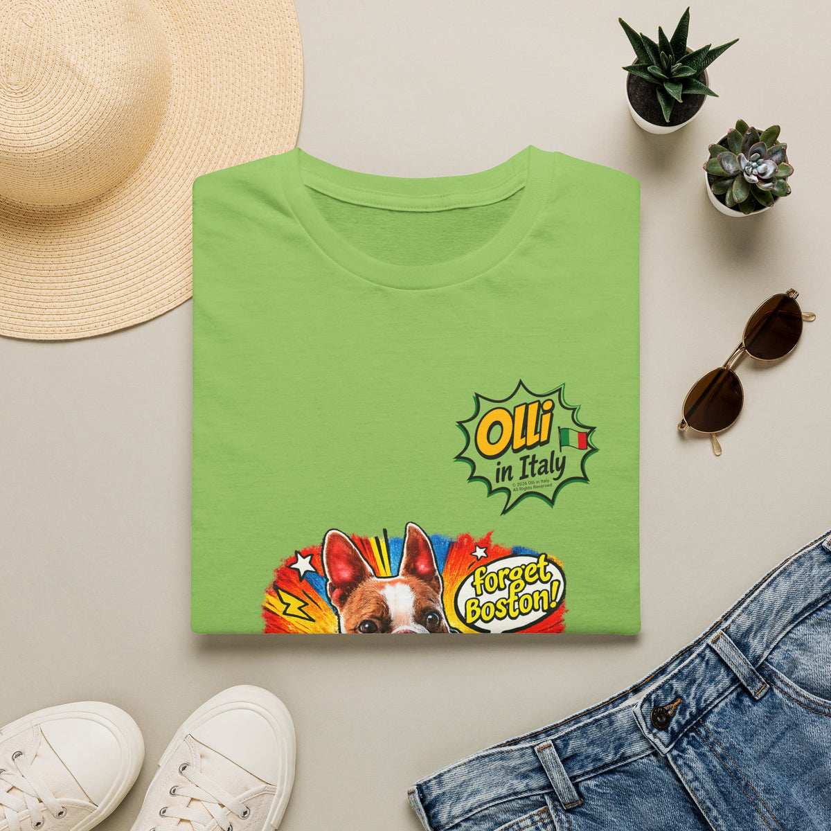 Olli in Italy "Forget Boston" Graphic T-Shirt — Colorful Dog Pop Art Tee