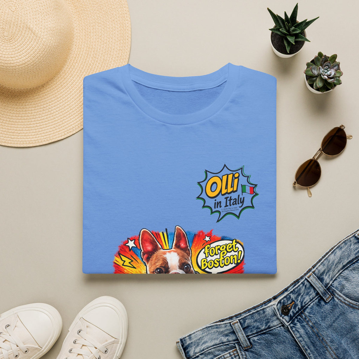 Olli in Italy "Forget Boston" Graphic T-Shirt — Colorful Dog Pop Art Tee