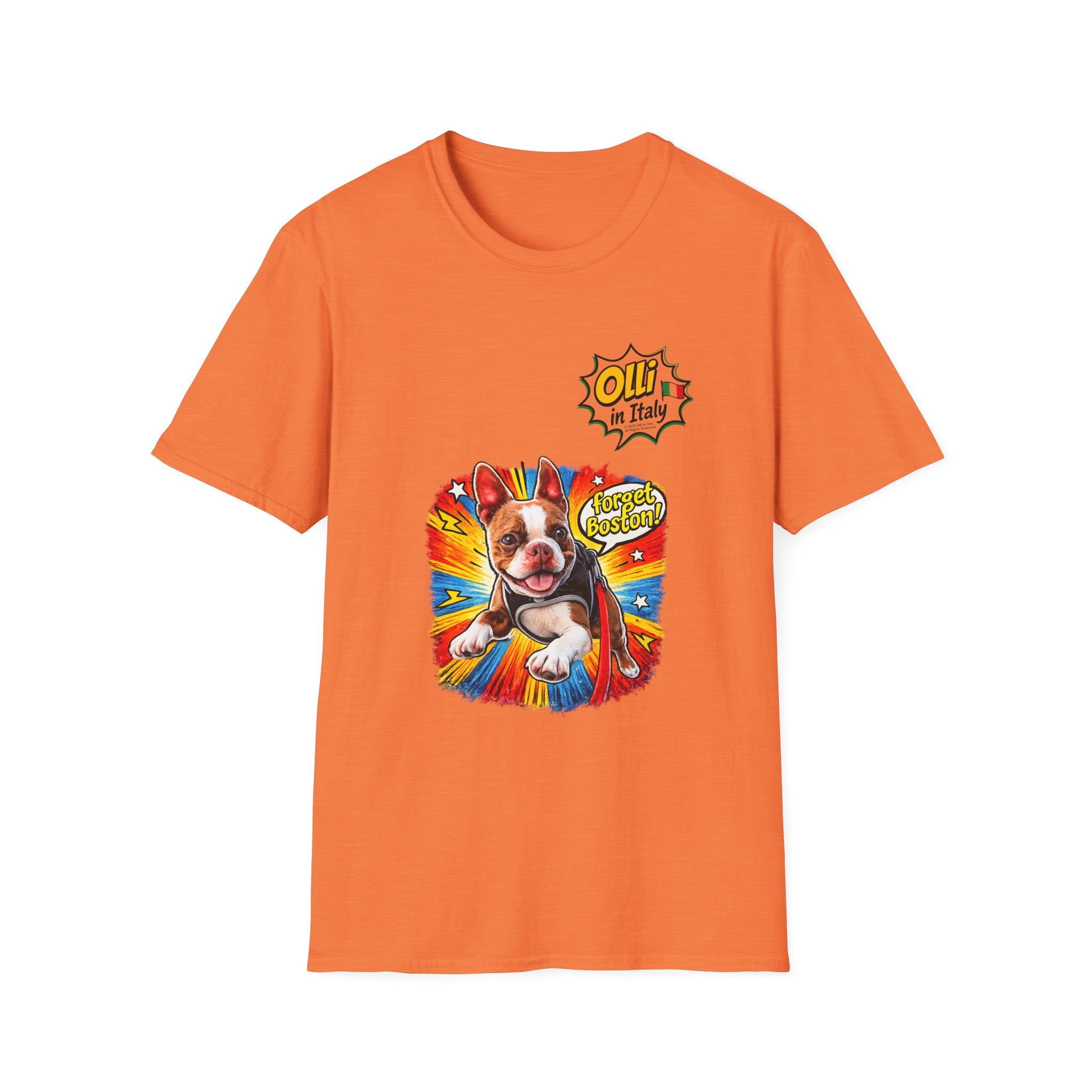 Olli in Italy "Forget Boston" Graphic T-Shirt — Colorful Dog Pop Art Tee