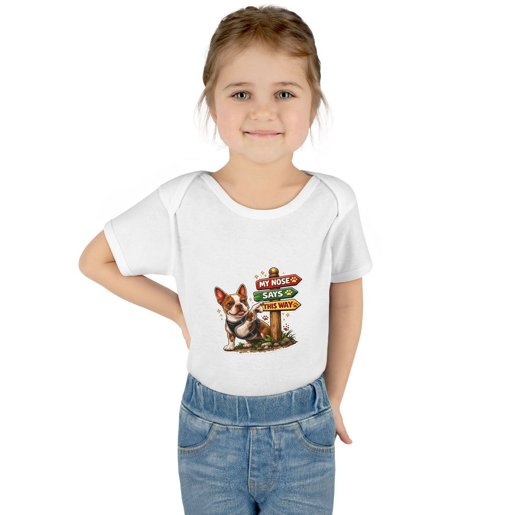 Infant Bodysuit — "My Nose Says This Way" Olli In Italy Boston Terrier Onesie (Front & Back Cute Dog Design)