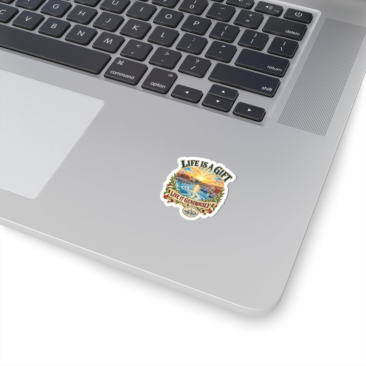 Life Is a Gift Sticker — Scenic Inspirational Kiss-Cut Sticker ("Live It Generously")